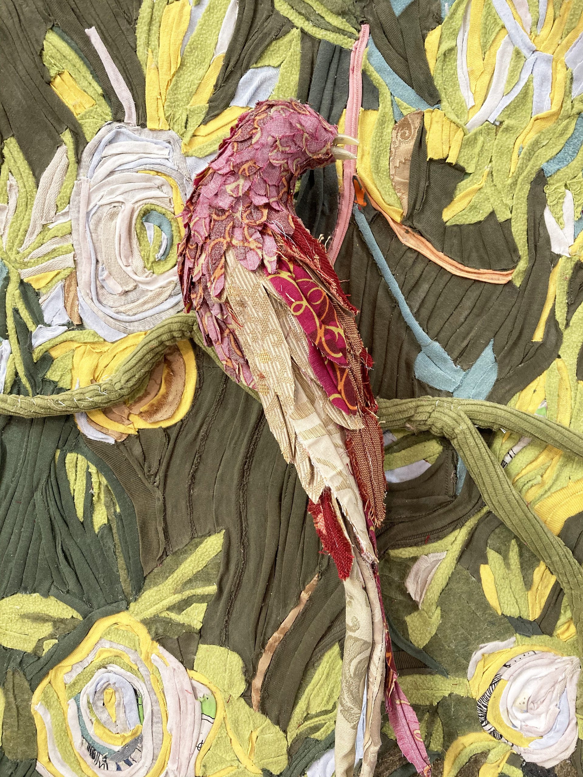 "Foul Decorations" 2020 (Detail of Left Panel) | Discarded Clothing, Wood, Acrylic Nails | 48 x 32 x 12 in.