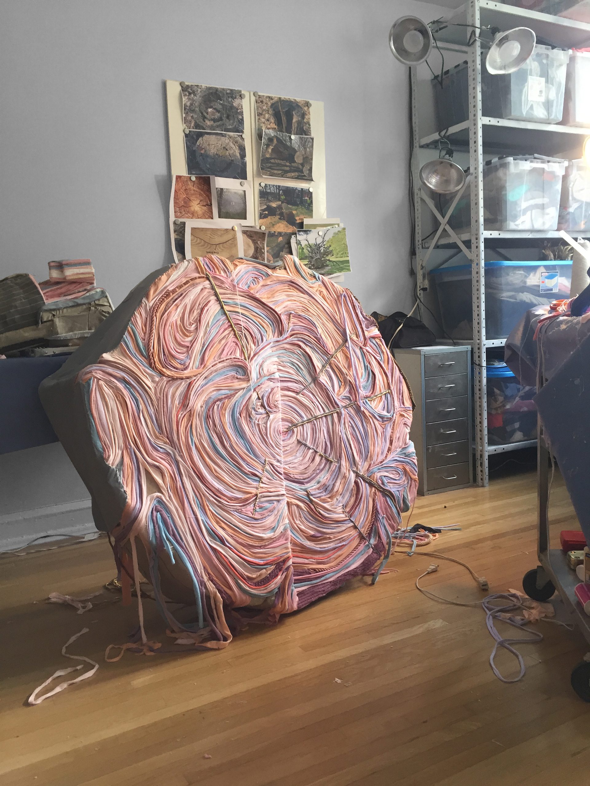 "Shaving (Big Slice)" 2018 (Studio View) | Discarded Clothing | 42 x 46 x 13 in.