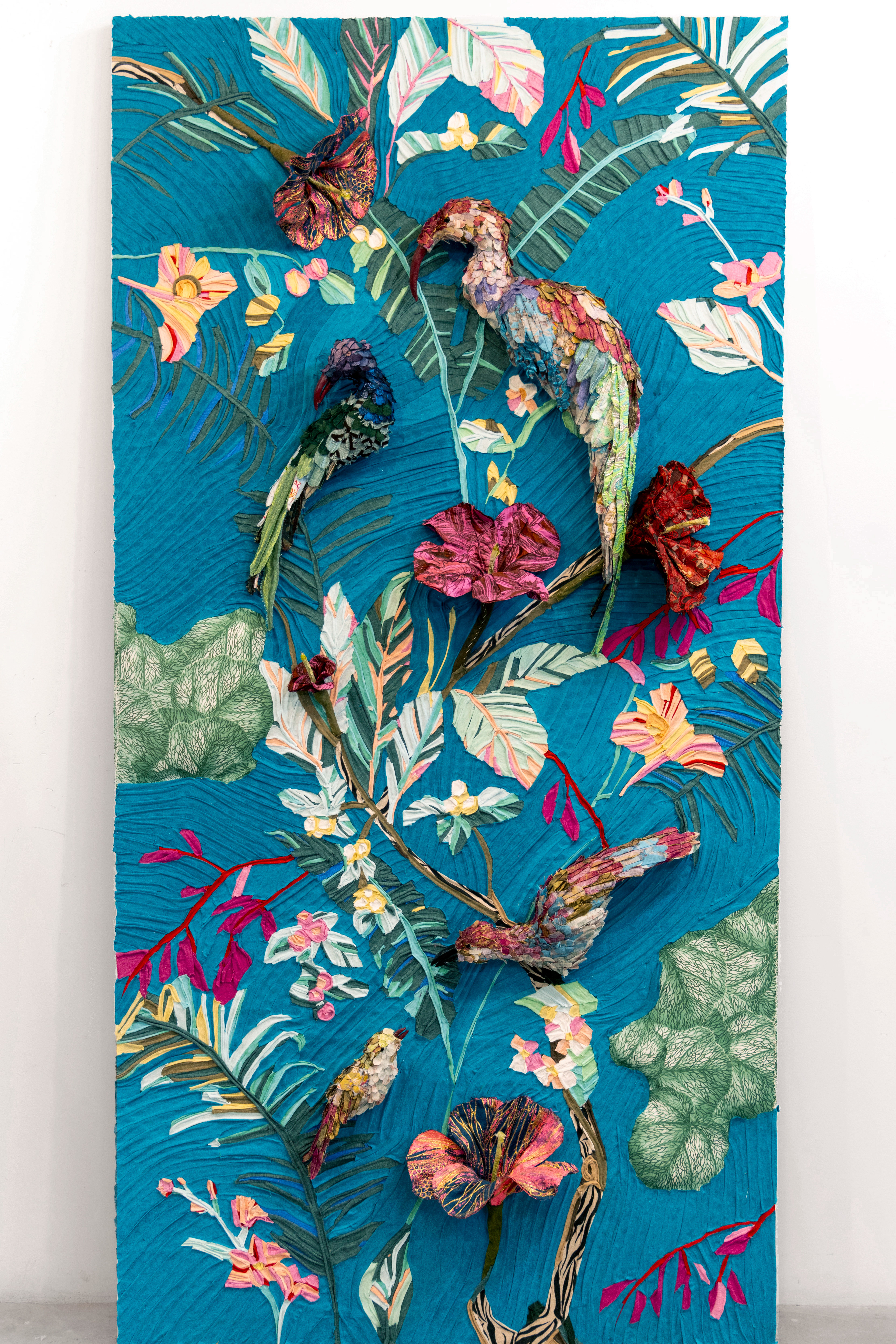 "No Shadows in the Sky, Afternoon" 2024 | Discarded textiles on wood 4 x 8 ft.