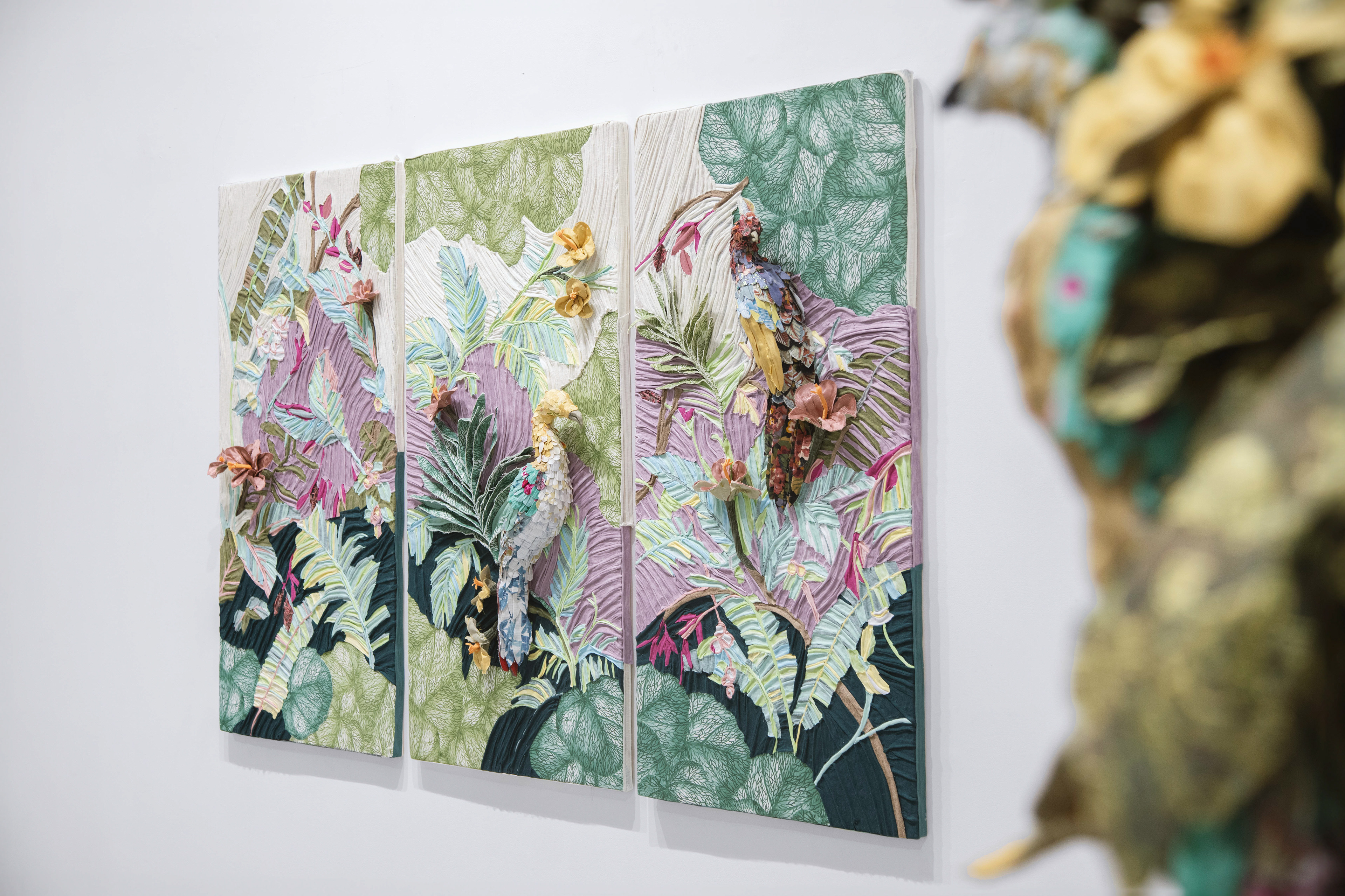 "Biophilia" 2022 (Side View) | Discarded Textiles on Wood | 72 x 48 x 7 in.