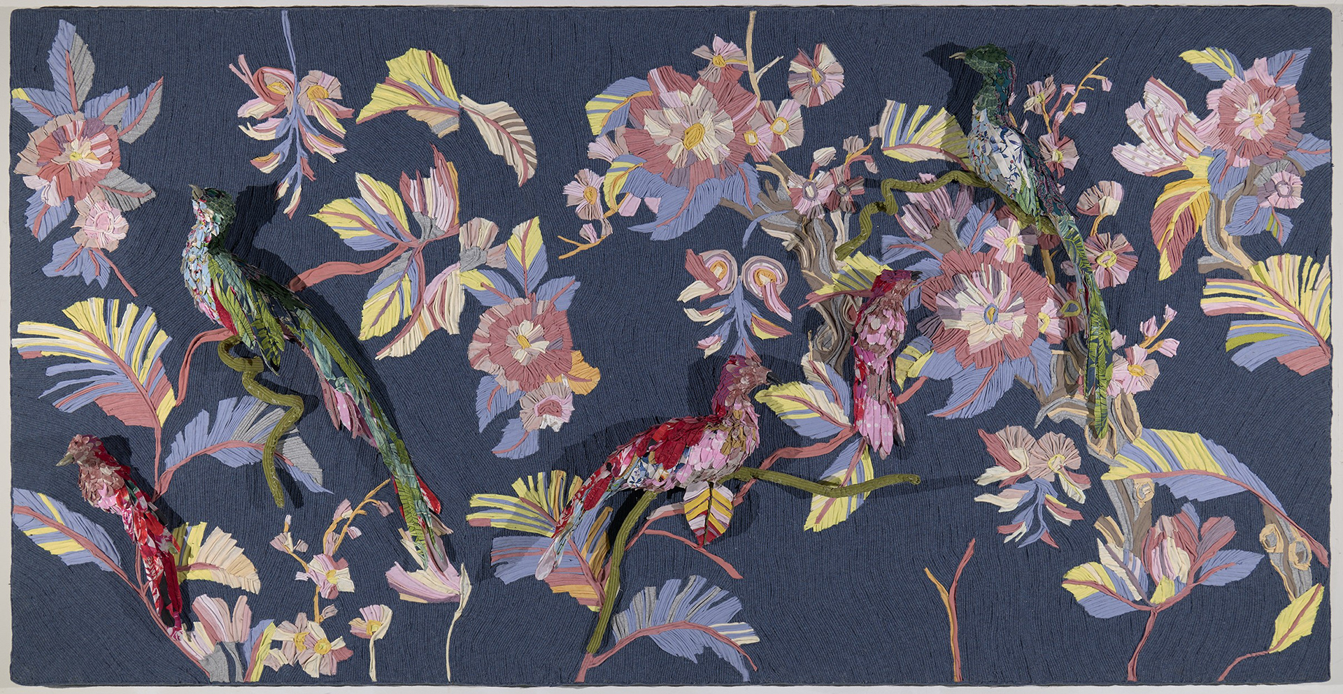 "The Conference of the Birds" 2021 | Discarded Textiles, acrylic nails | 48 x 94 x 7 in.