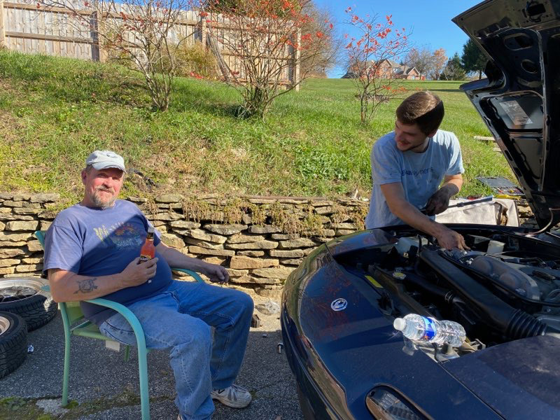 Dylan & Kevin (Kaitlyn's Dad!) in 2020 fixing up the Miata!