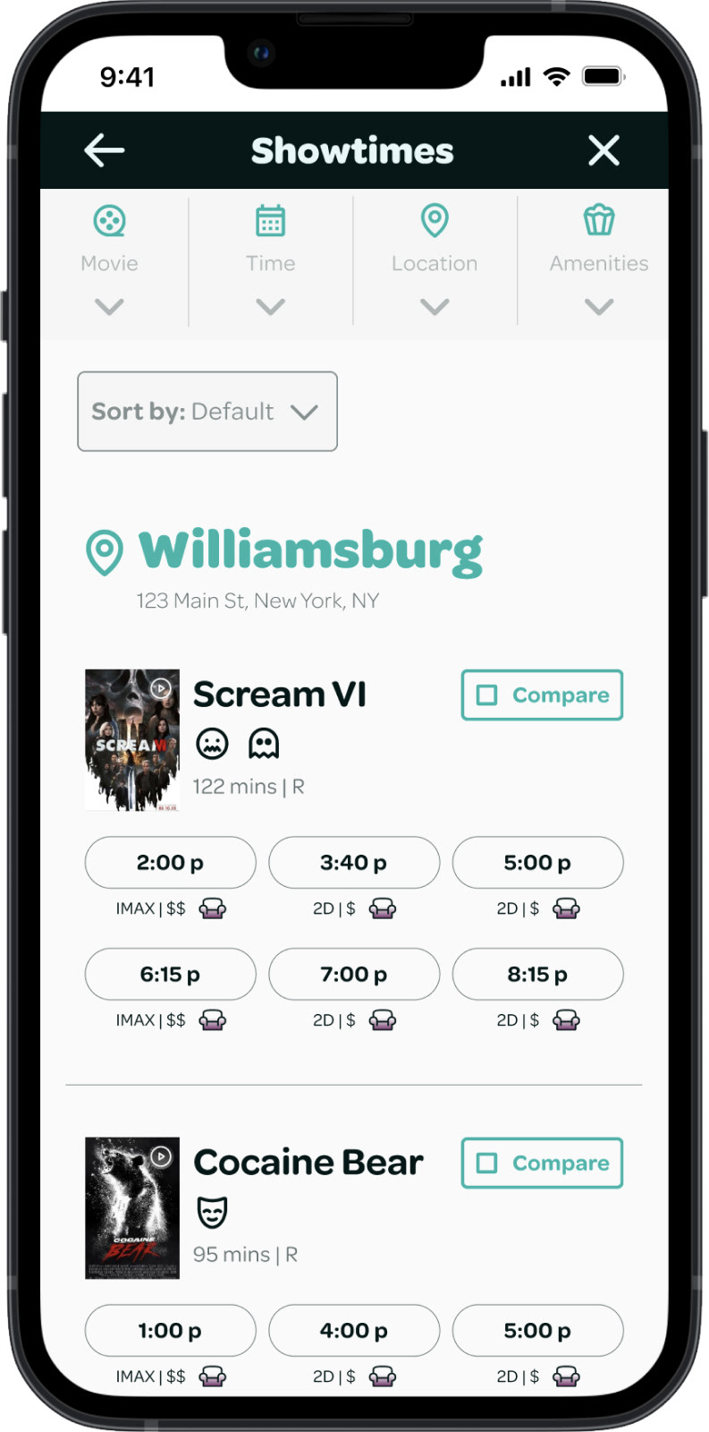 Showtimes dropdown menu bar adapted for mobile