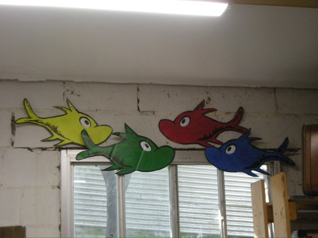 Yellow, green, red and blue fish puppets, Seussical