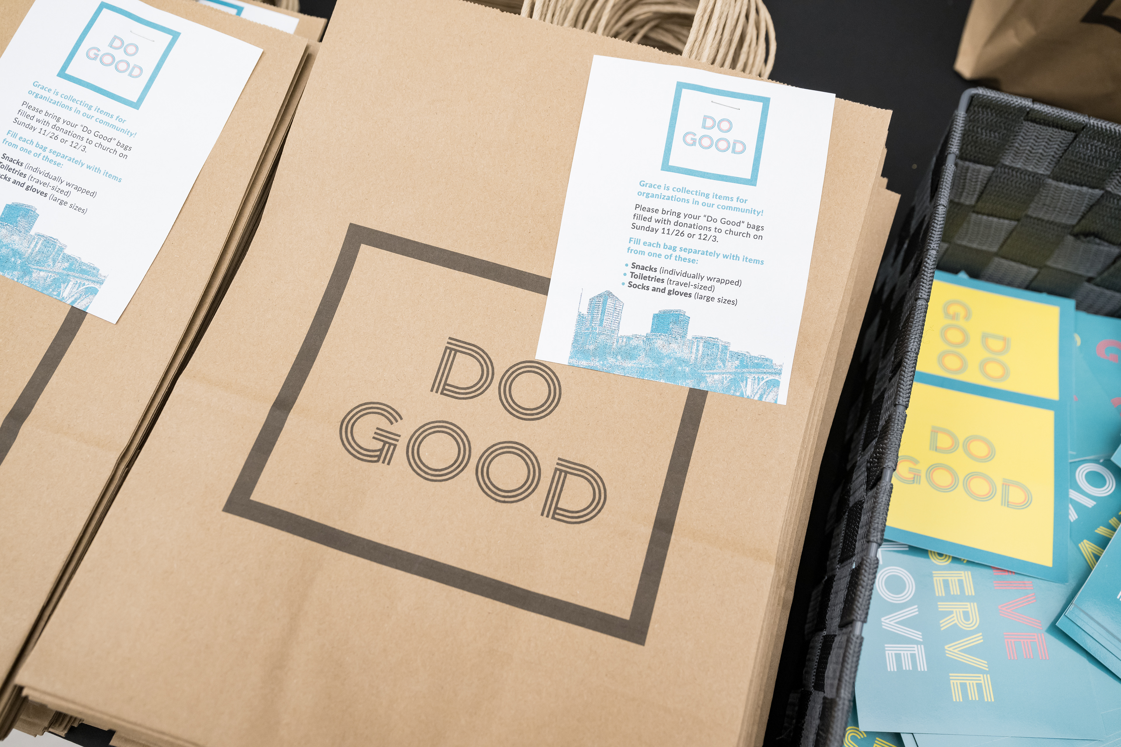 Bags for people to fill with list of needed items. Lists were provided directly by the partner organizations.