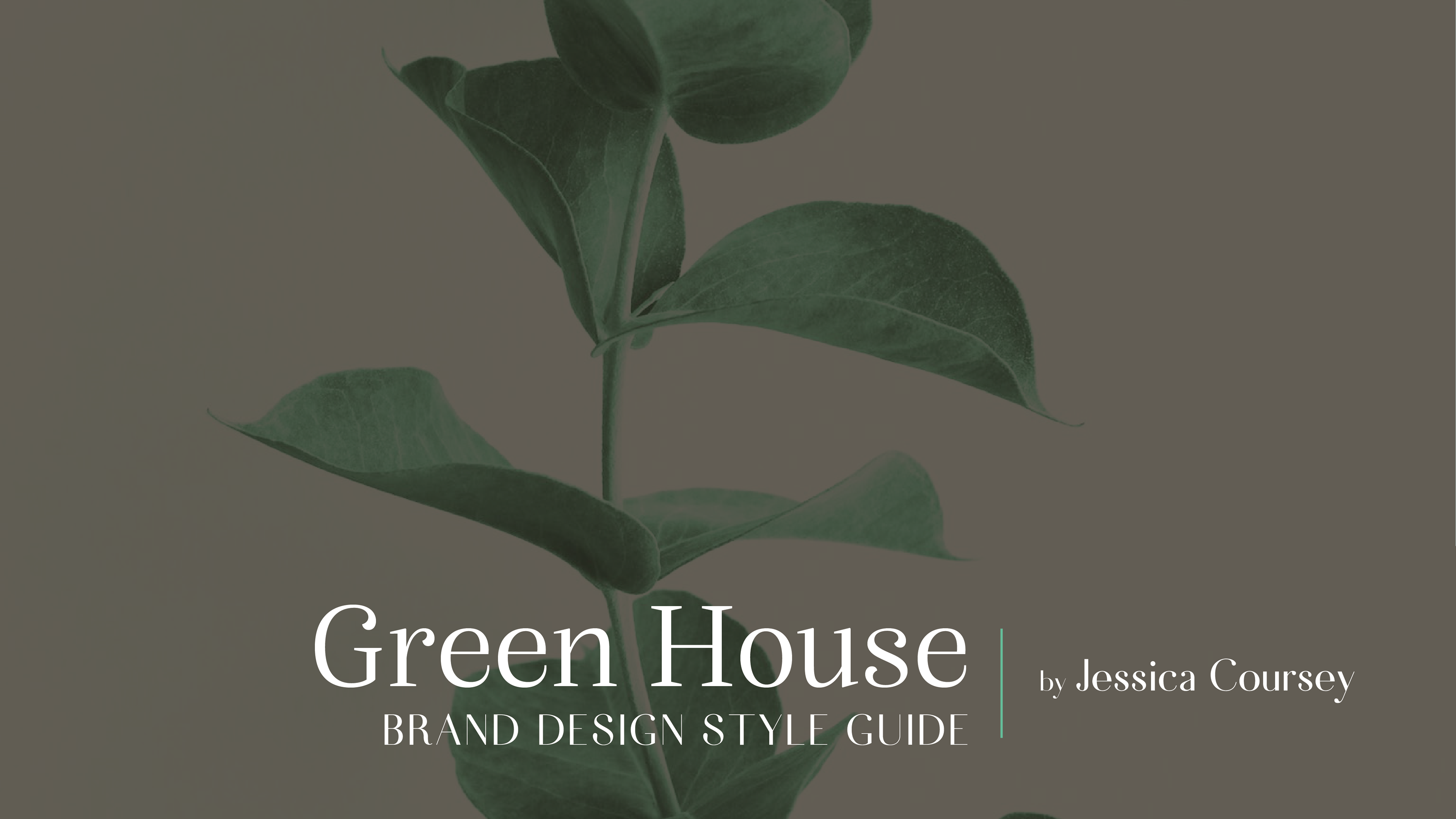 photograph of a section of a eucalyptus branch. At the bottom the text reads Green House Brand design style guide - by Jessica Coursey - if you click on the image you'll be taken to the case study page for this fictional plant store brand