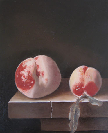 Two peaches on a stone ledge - A. Coorte - 1696       Oil on wood panel - 30x24cm