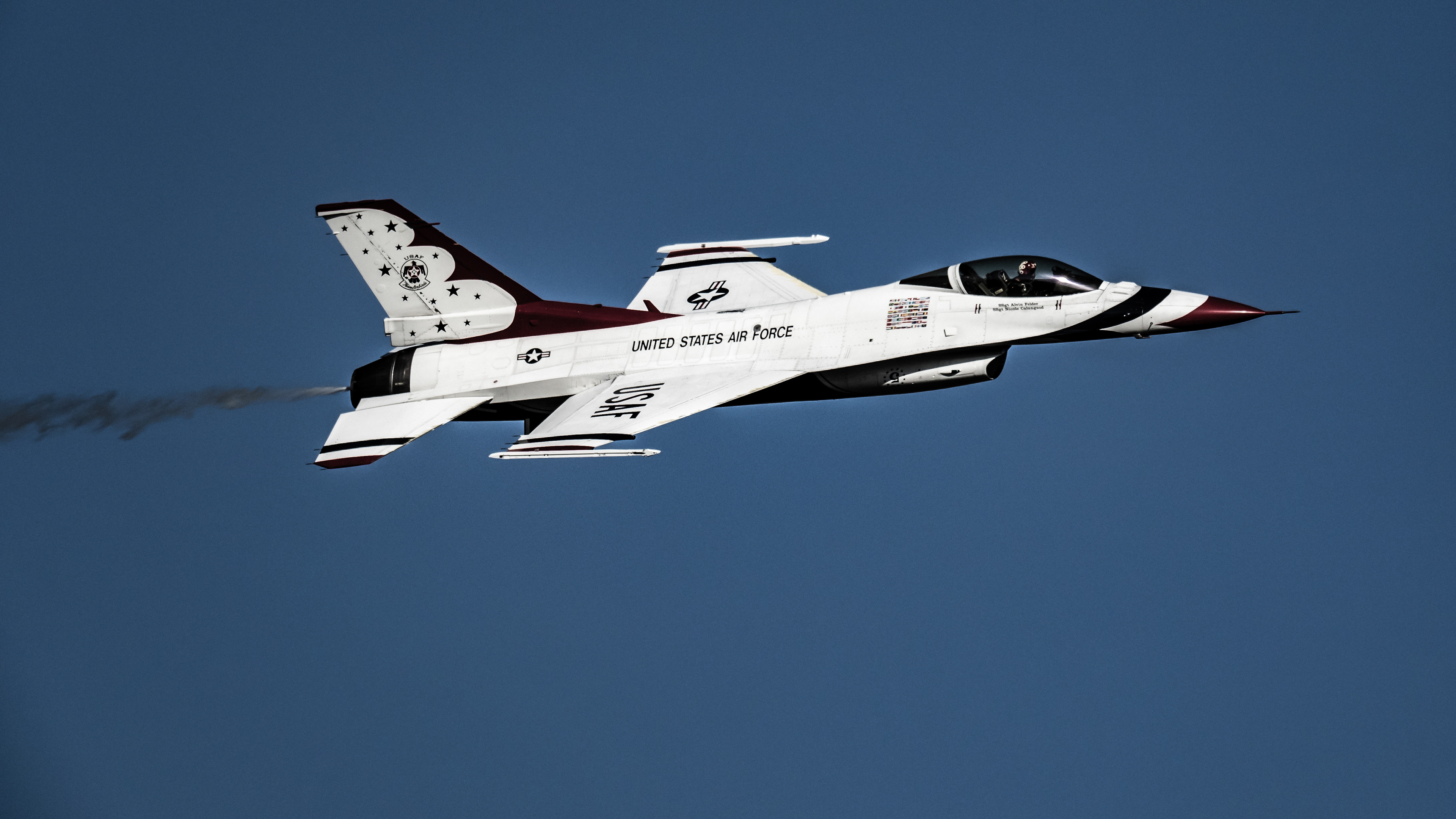 Thunderbird #5 flown by Maj. Alex Turner (Lead Solo) of the United States Airforce Thunderbirds at the 2017 Wings Over Houston Airshow, Houston, Texas, USA.