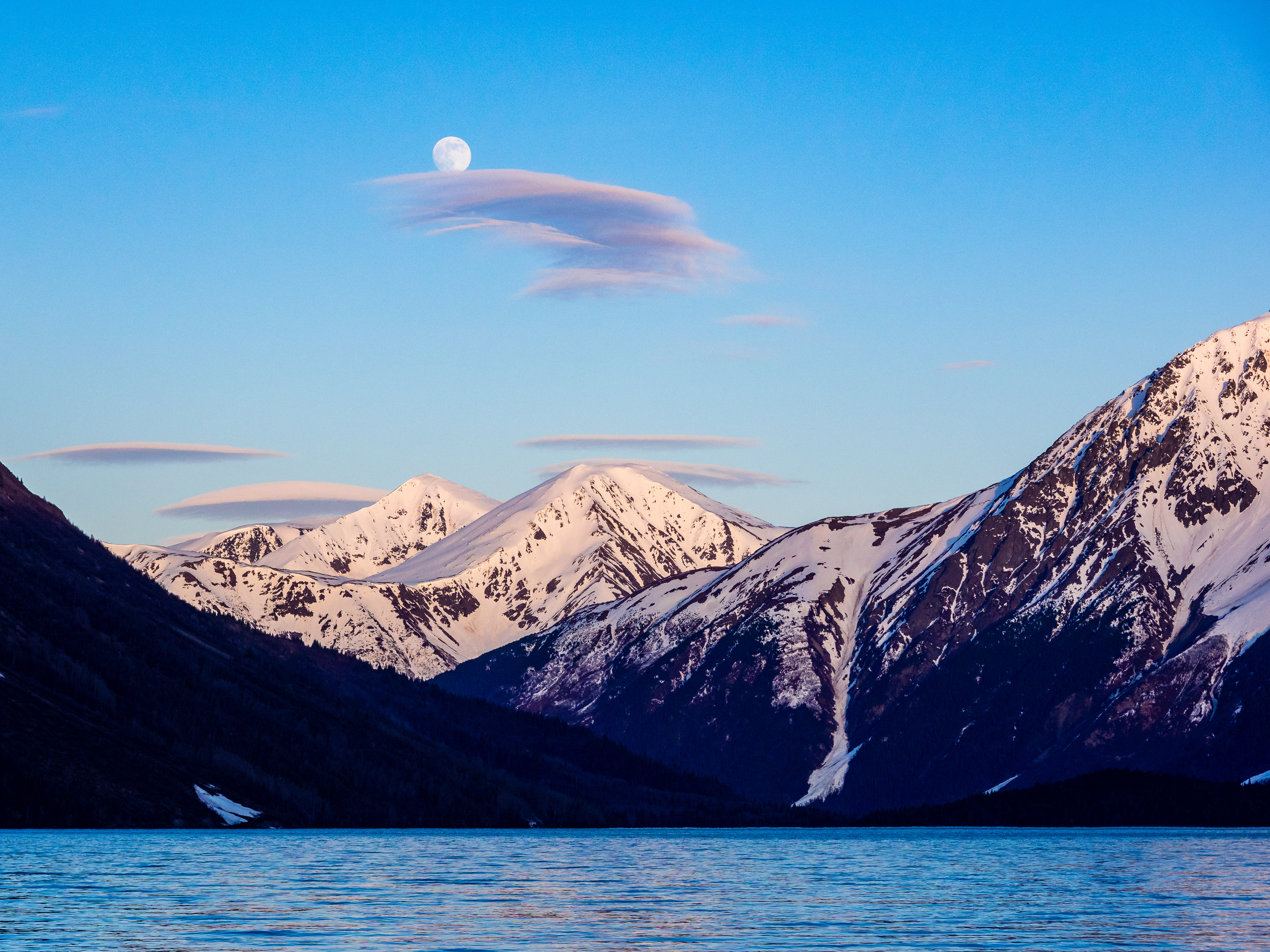 Moon rise over Kenai Lake, Alaska, USA.