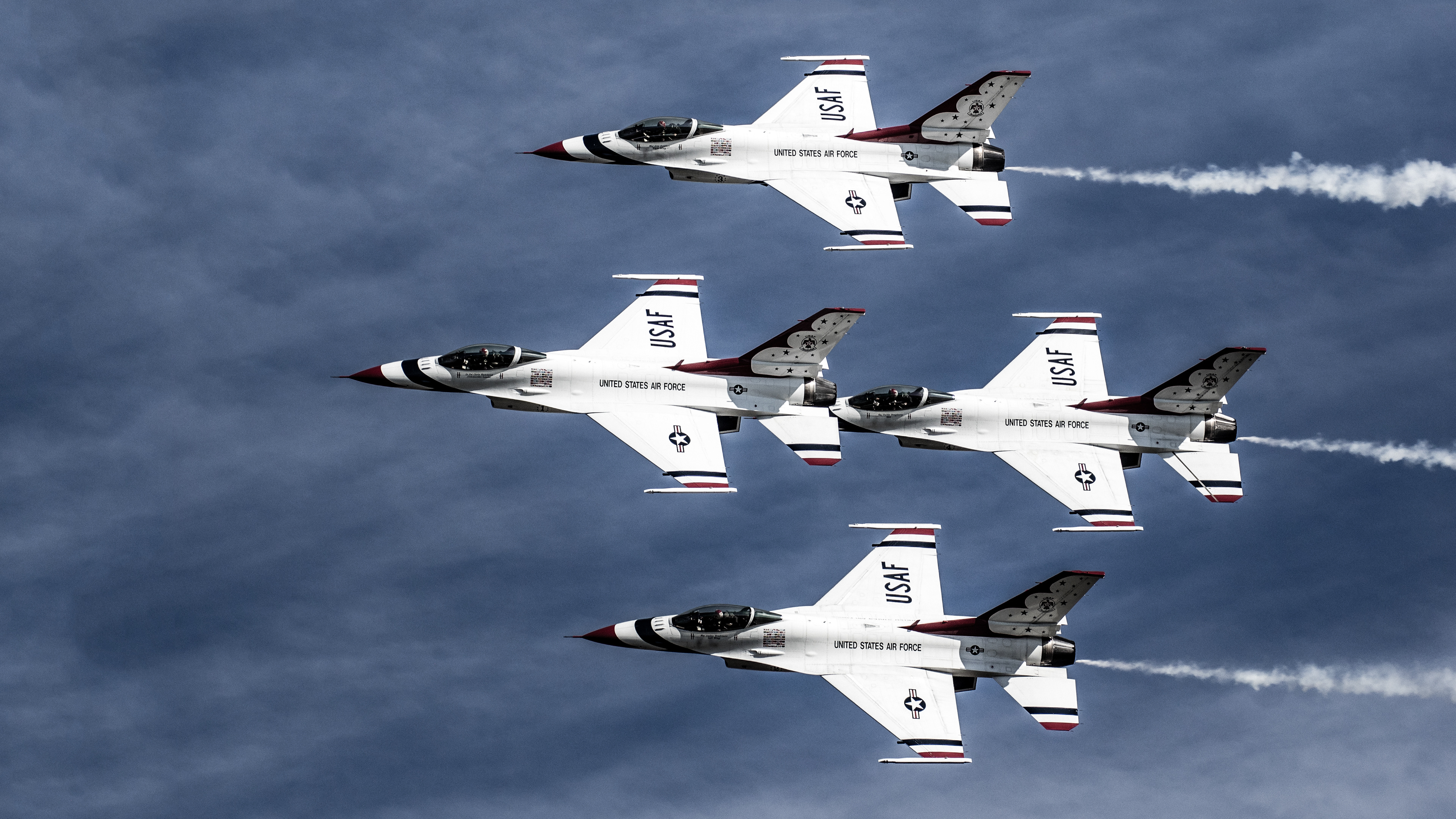 Thunderbird 1 (Lt. Col. Christopher Hammond, Commander / Leader), Thunderbird 2 (Maj. Joshua Boudreaux, Left Wing), Thunderbird 3 (Capt. Alexander Goldfein, Right Wing), and Thunderbird 4 (Maj. Curtis Dougherty, Slot) fly in the Diamond Formation during the 2015 Wings Over Houston Airshow, Houston, Texas. USA.