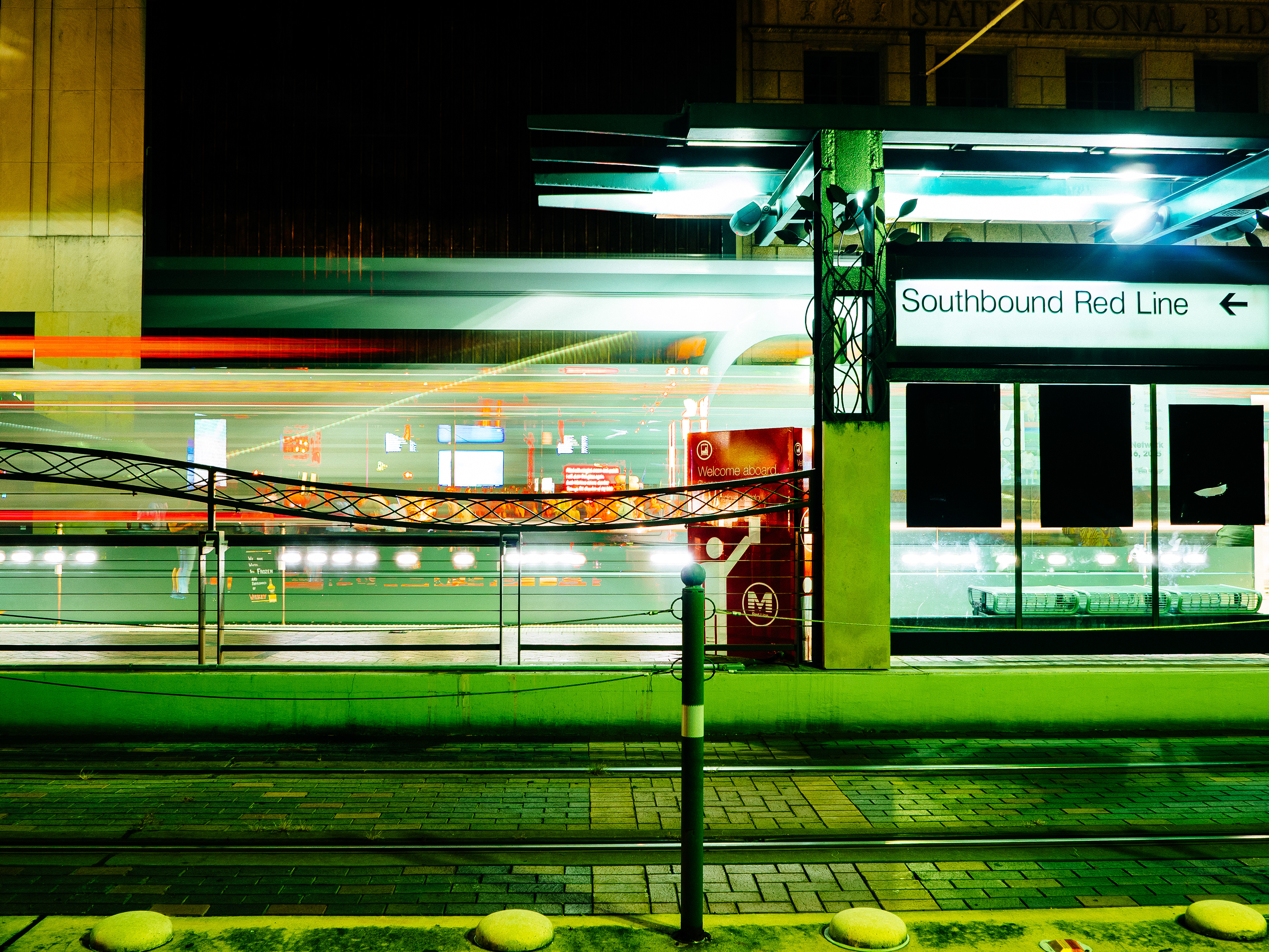 A long exposure of the trolley making a stop in Houston, Texas, USA.