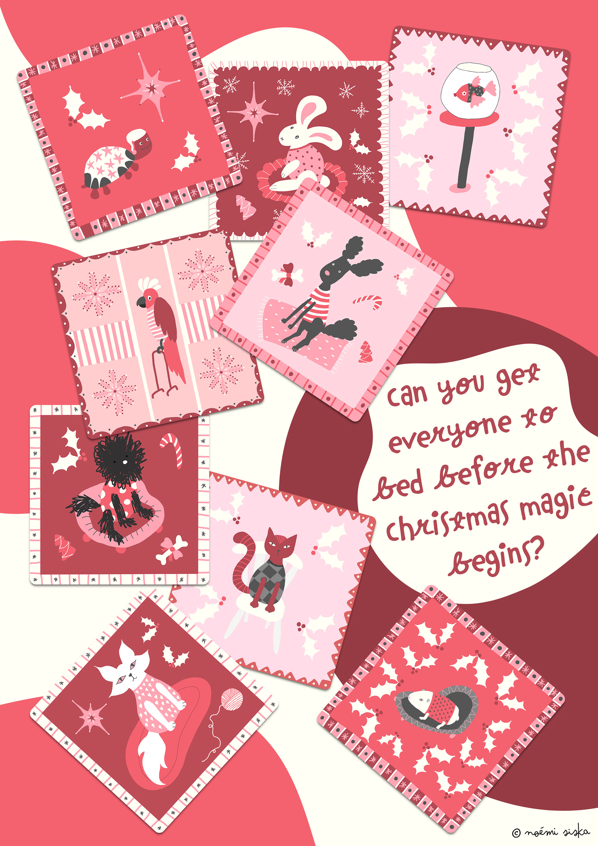 illustration jeu de société, thème Noël, animaux