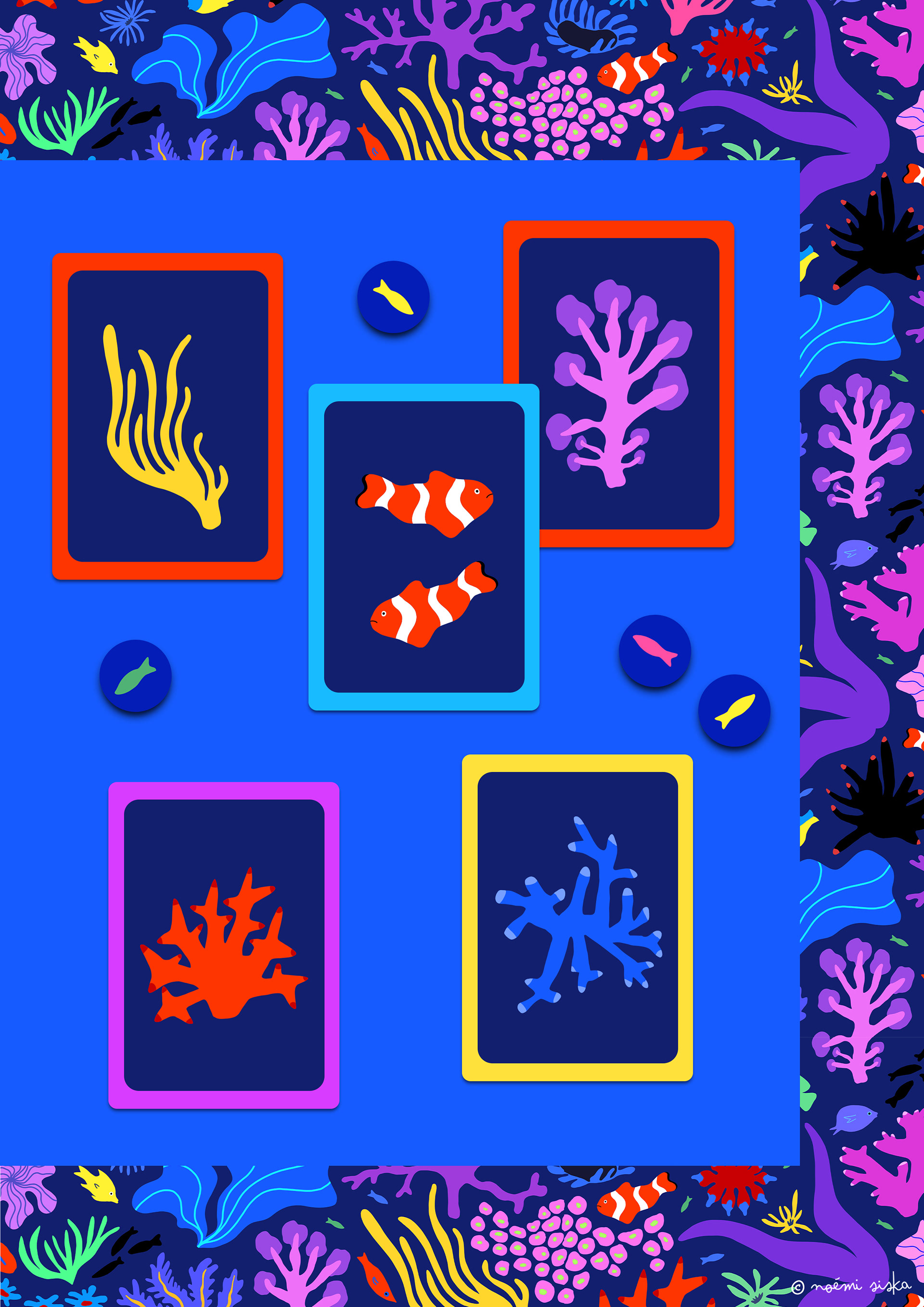 illustration de cartes , jeu de société avec thème fonds marins, récif corallien
