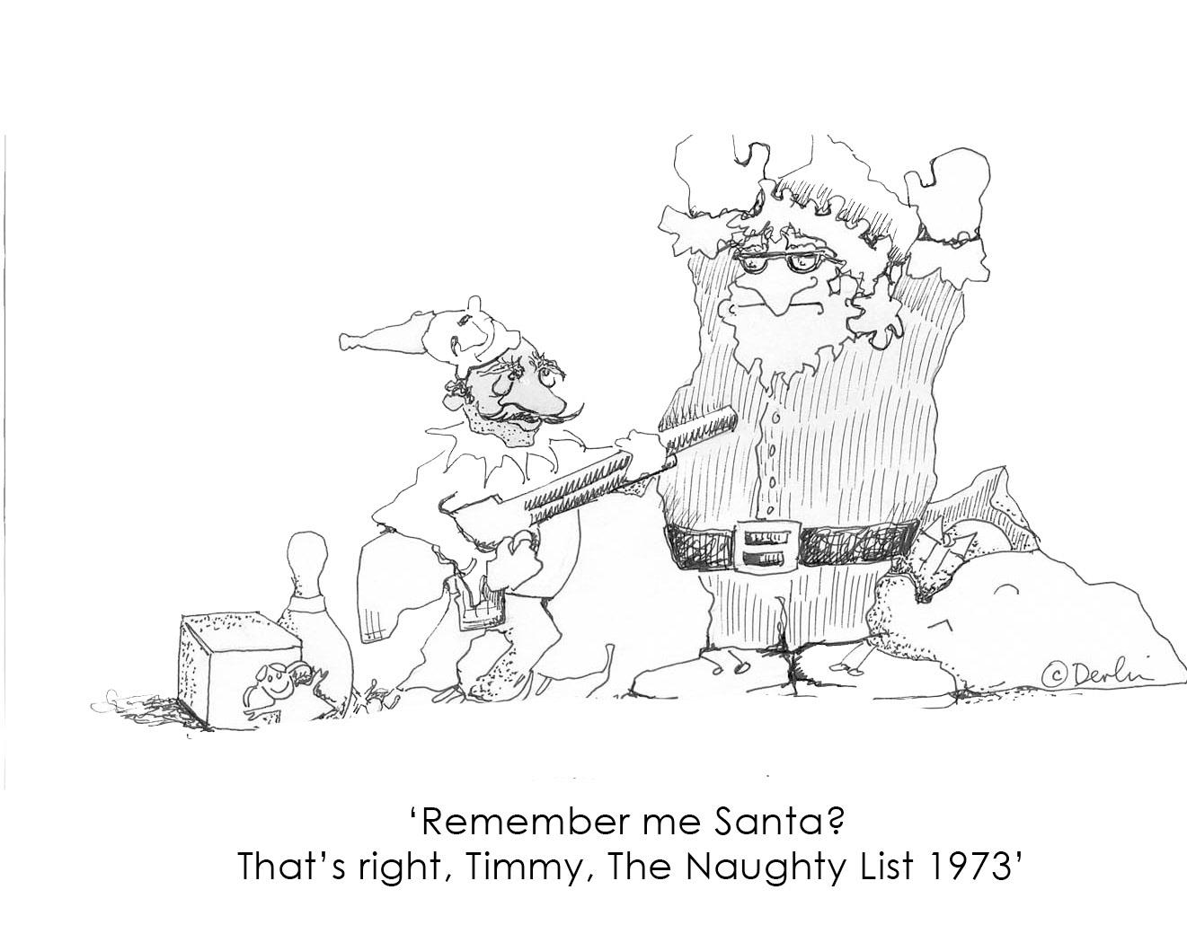 A cartoon of an elf holding Santa hostage.