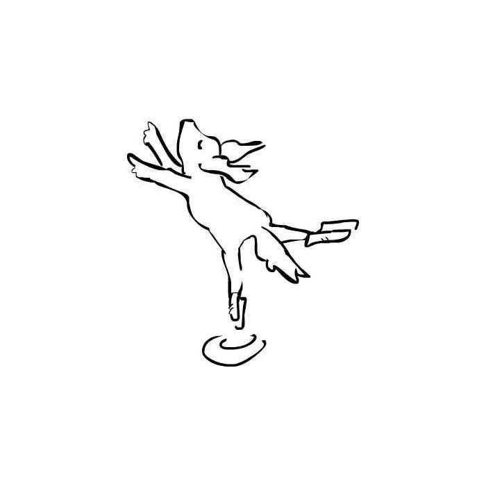 A hand-drawn illustration of a happy dog ice skating in a circle.