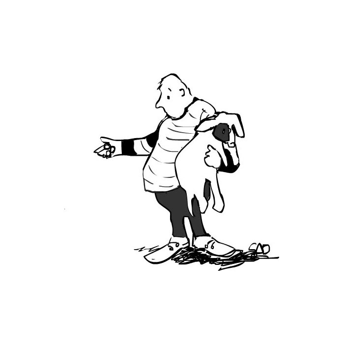 a hand-drawn illustration of a portly man holding a dog in one arm and looking at loose change in the other.