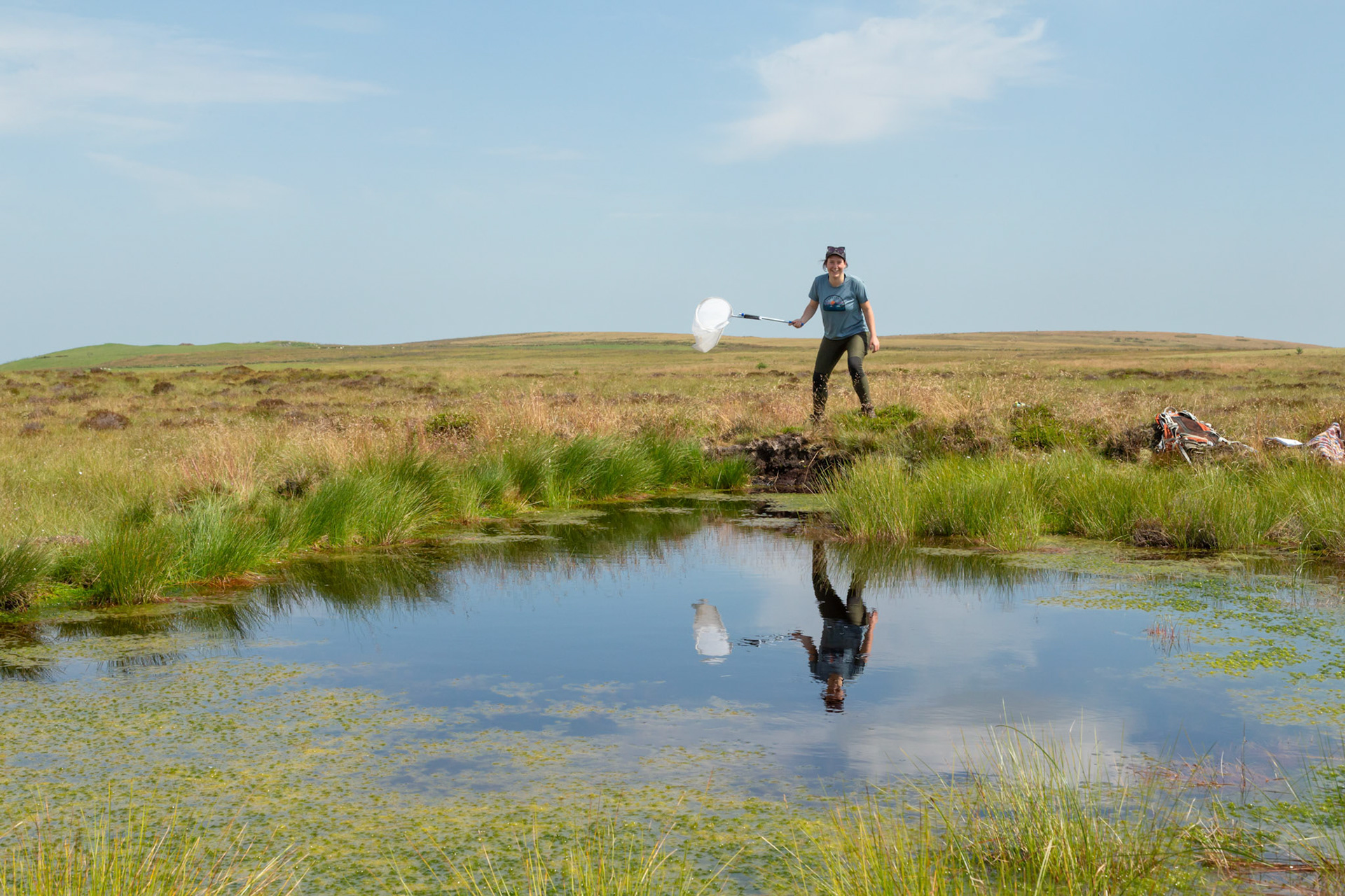 RSPB staff member holding a dragonfly net and smiling at the camera, whilst surveying on North Wales moors. Summer, North Wales, UK.