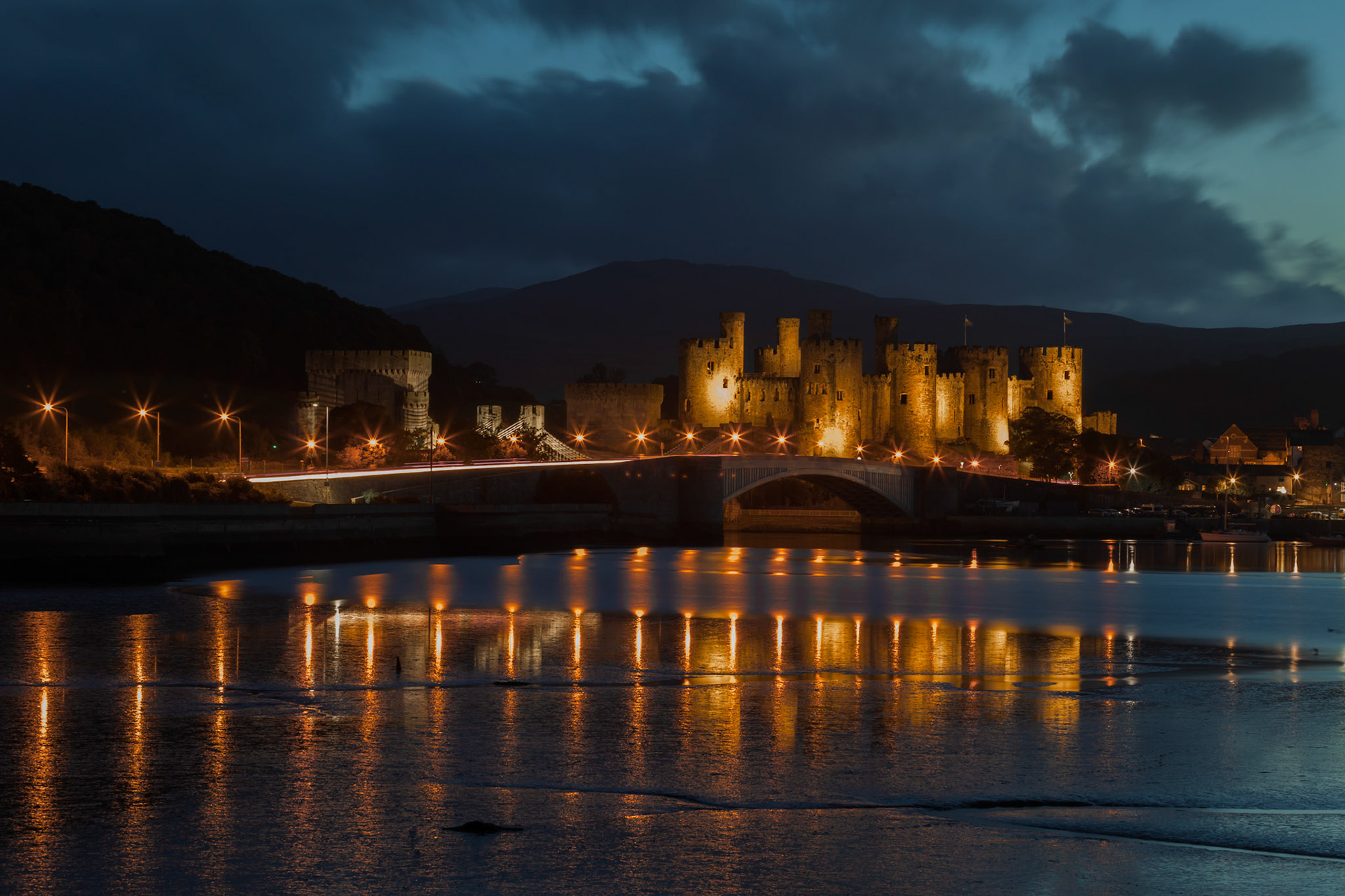 Conwy Castle at dusk, Snowdonia, Wales, UK