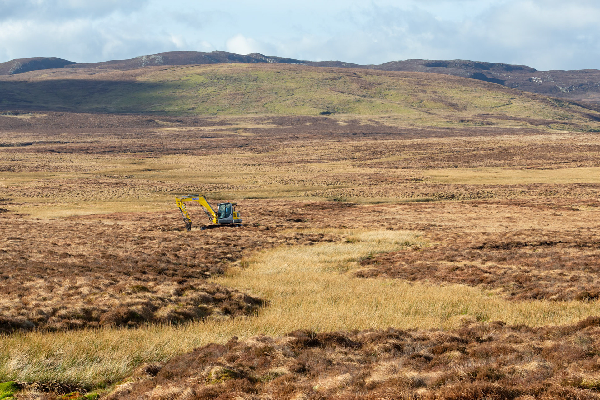 Contractor using digger to carry out peatland restoration work for RSPB peatland restoration project in the wider landscape. Winter, Migneint moors, North Wales,UK