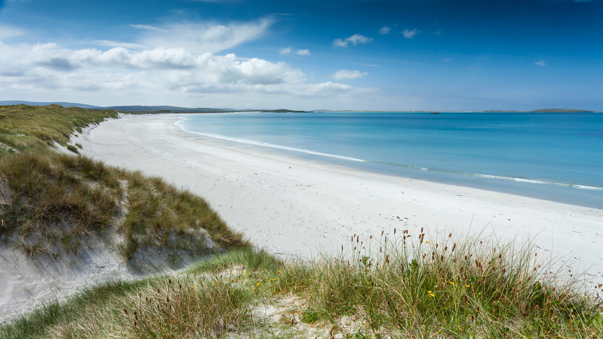 Clachan Sands beach, sand dunes and sea, summer, North Uist, Outer Hebrides, Scotland, UK
