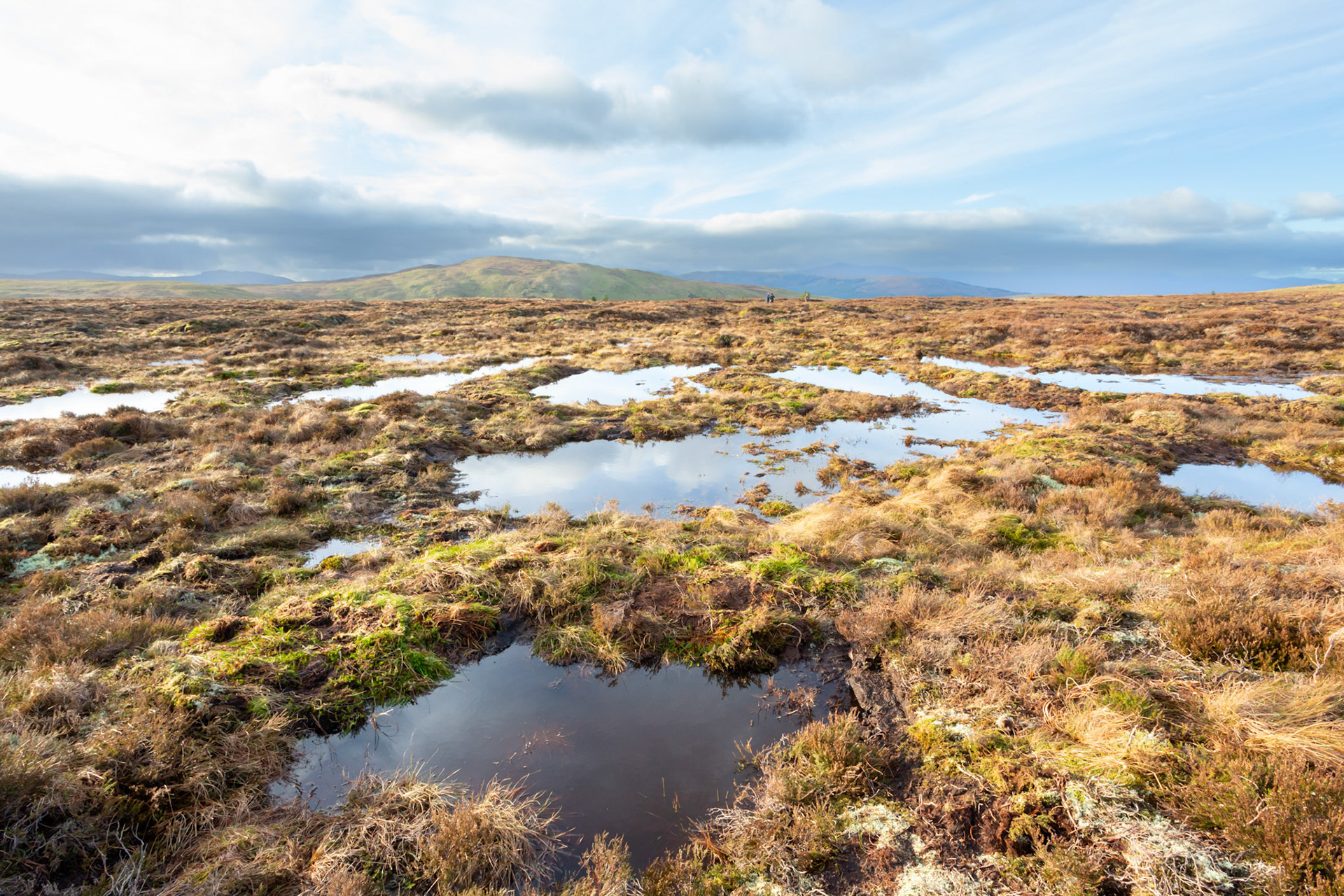 Peatland restoration pools with contractors &amp; Snowdonia mountains in the background. Winter, Migneint moors, North Wales, UK.