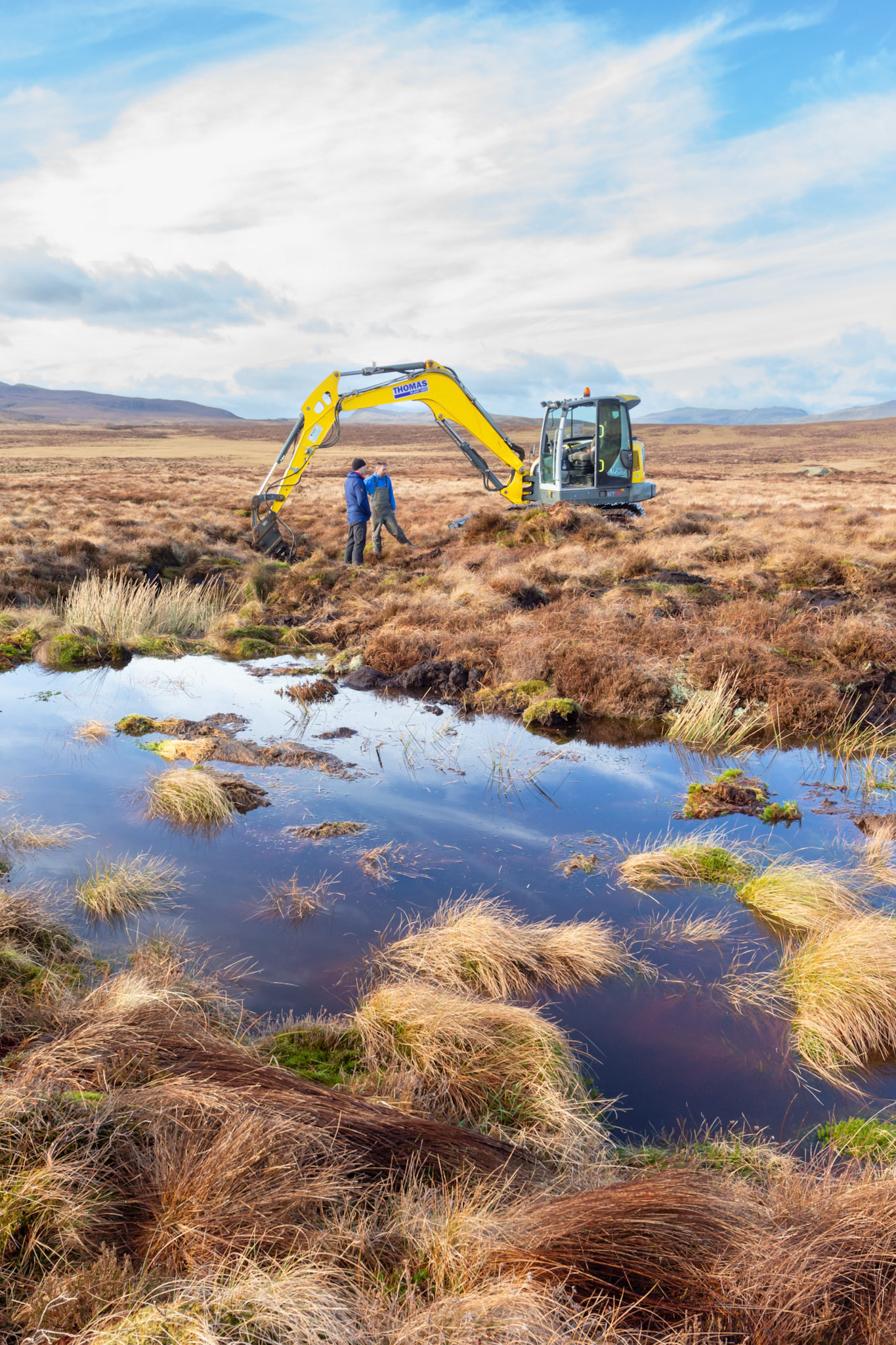 Consevation officer &amp; contractor viewing peatland restoration work on Migneint moors, Winter, North Wales, UK (portrait orientation).