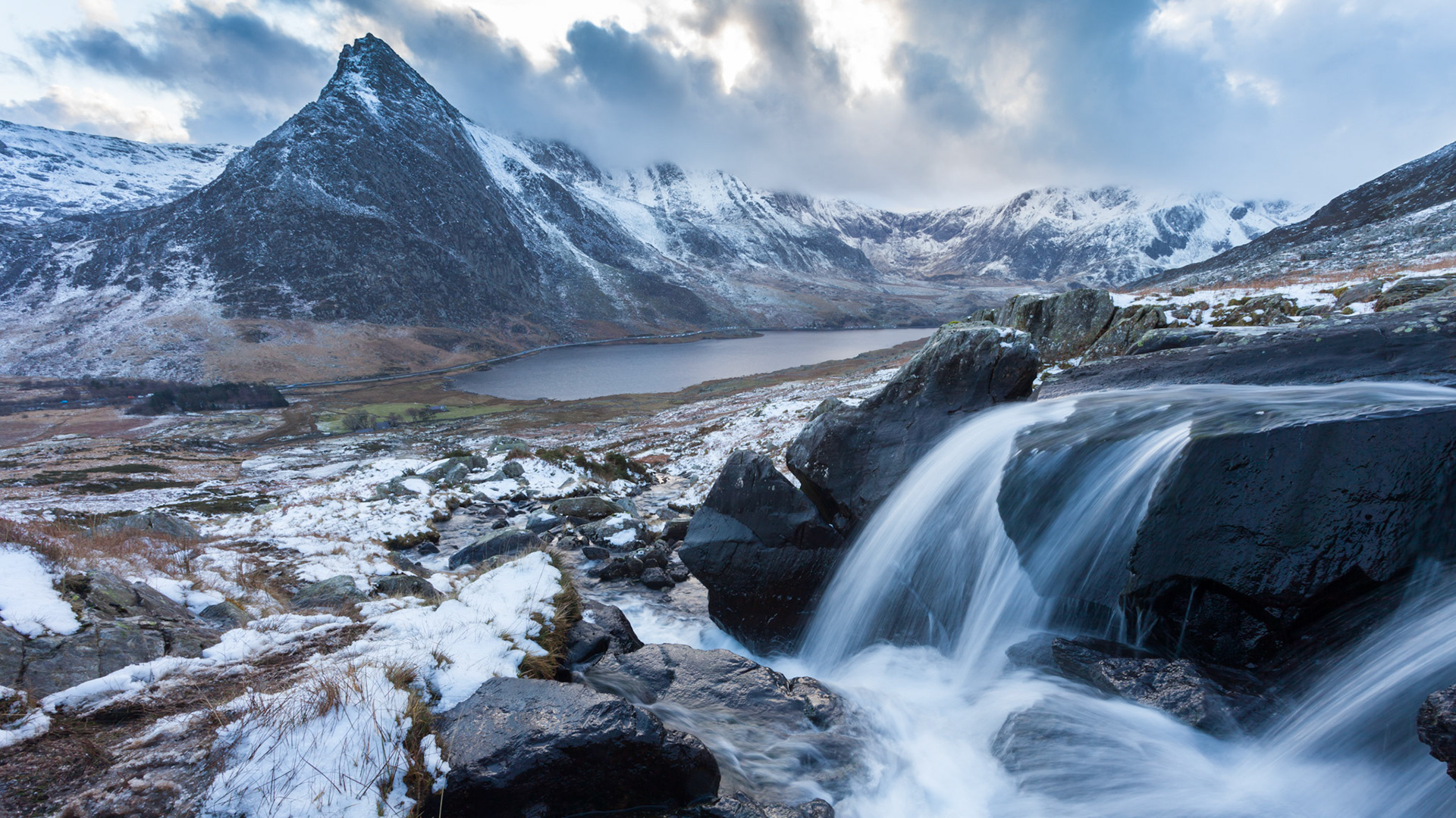 Tryfan and small waterfall, taken with slow shutter speed, winter, Snowdonia, Wales, UK