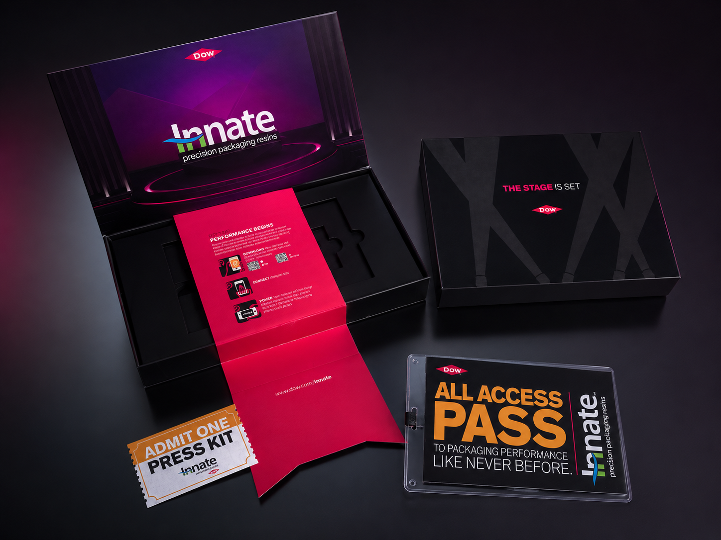 Direct mail elements: Matte box and sleeve with spot varnish | "Red carpet" instructions to download AR viewing app | A mini brochure giving the audience "all access" to this new innovation | A flash card "ticket" to digital content including the AR video as backup.