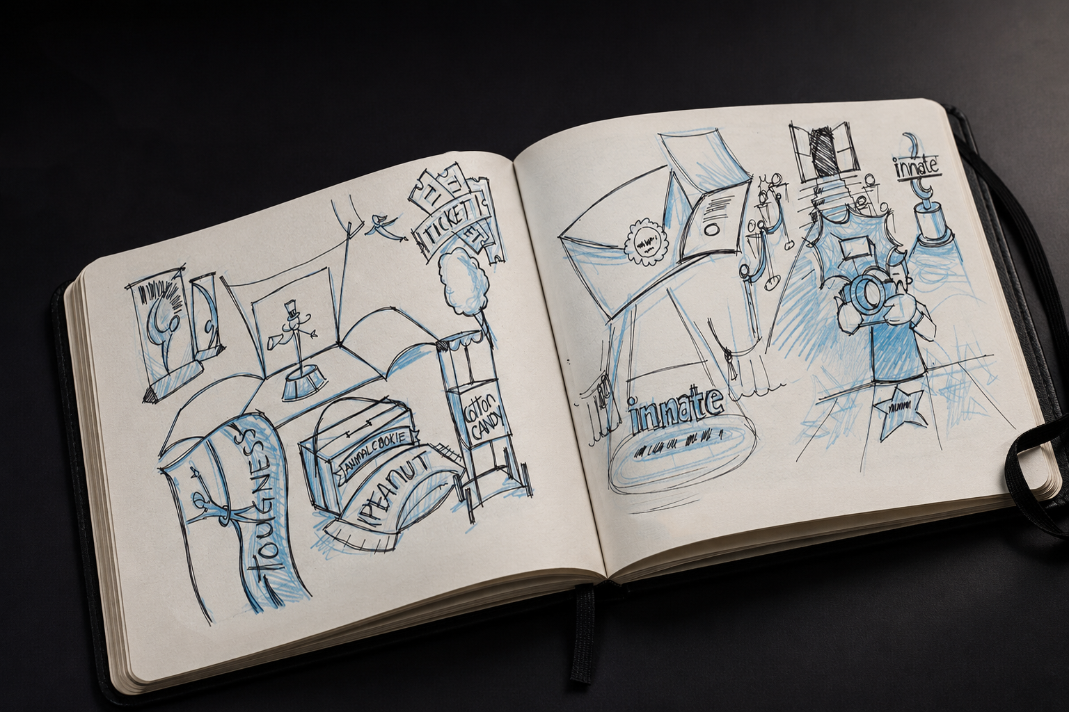Early concept sketches: Rough ideation drawings exploring the experiential direction of the Innate launch campaign, including the “red carpet” arrival theme, branded touchpoints, theatrical presentation elements, and early augmented reality storytelling concepts.