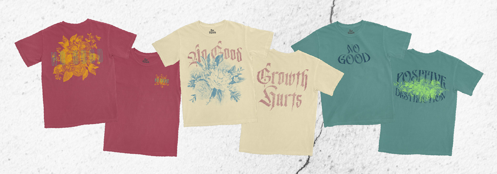 Spring collection of three No Good t-shirt designs featuring bold floral illustrations with gritty, edgy style by Tyler Zent.