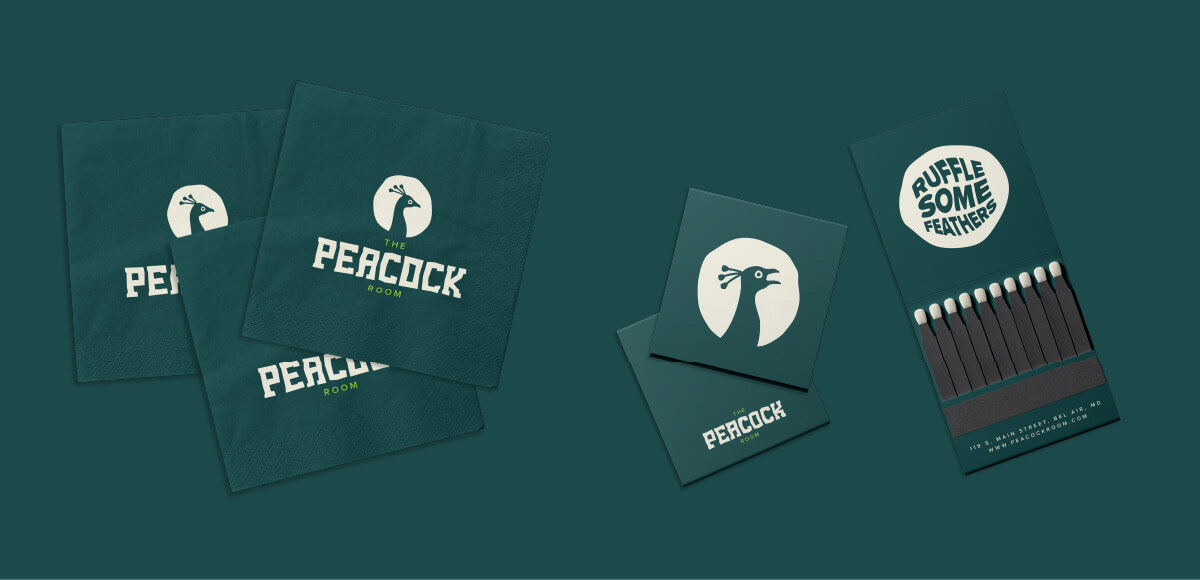In-house branding collateral for The Peacock Room, including custom matchbooks and beverage napkins, designed by Tyler Zent to enhance the lounge’s bold, maximalist identity.