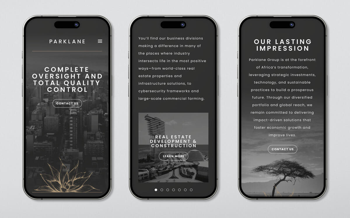Parklane mobile design layouts showcasing a responsive and streamlined user interface optimized for smartphones, reflecting the brand’s modern digital presence. Designed by Tyler Zent.