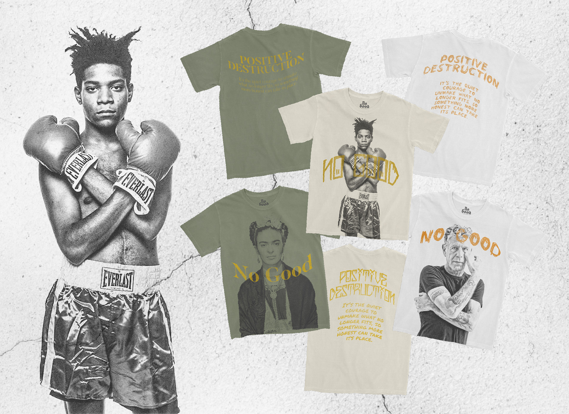 Three bold t-shirt designs from No Good featuring iconic figures Jean-Michel Basquiat, Frida Kahlo, and Anthony Bourdain, capturing gritty, rebellious spirit by Tyler Zent.