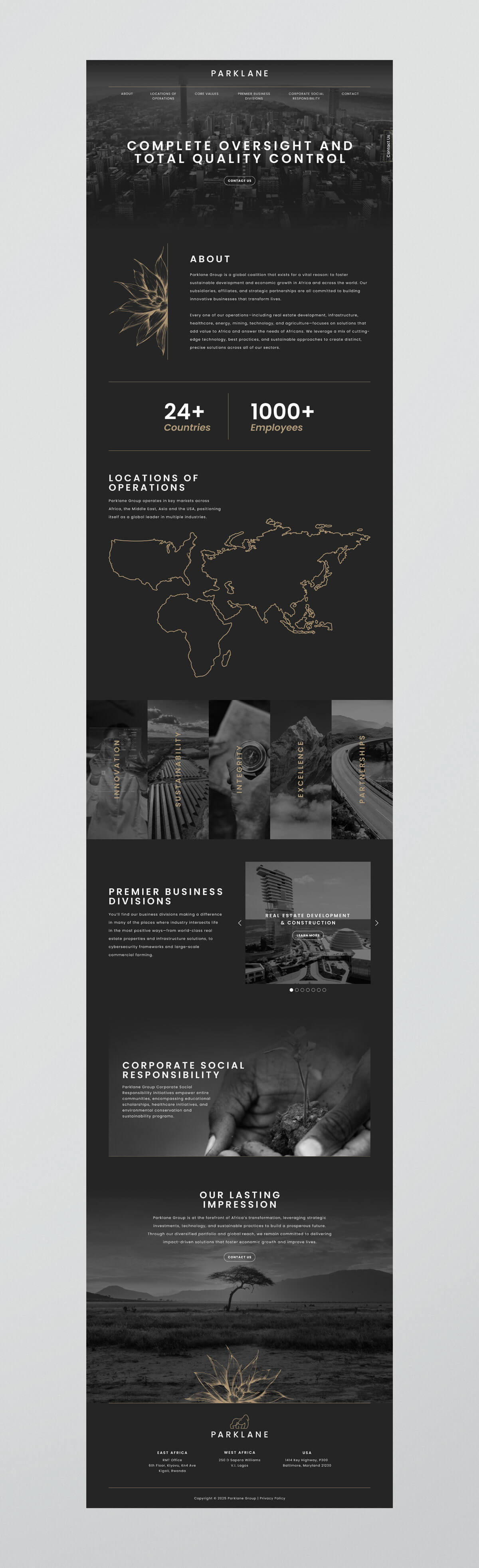Full view of the Parklane website featuring detailed company information presented with a clean and modern design. Designed by Tyler Zent.