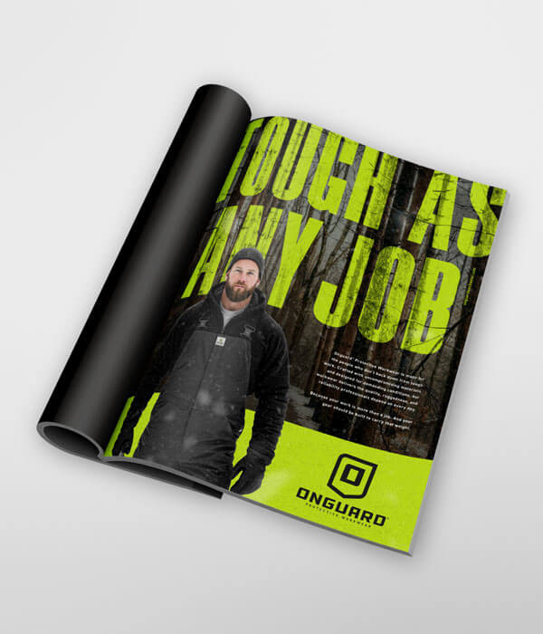 Magazine print advertisement for Onguard Protective Workwear featuring the “Tough As Any Job” campaign and brand identity.