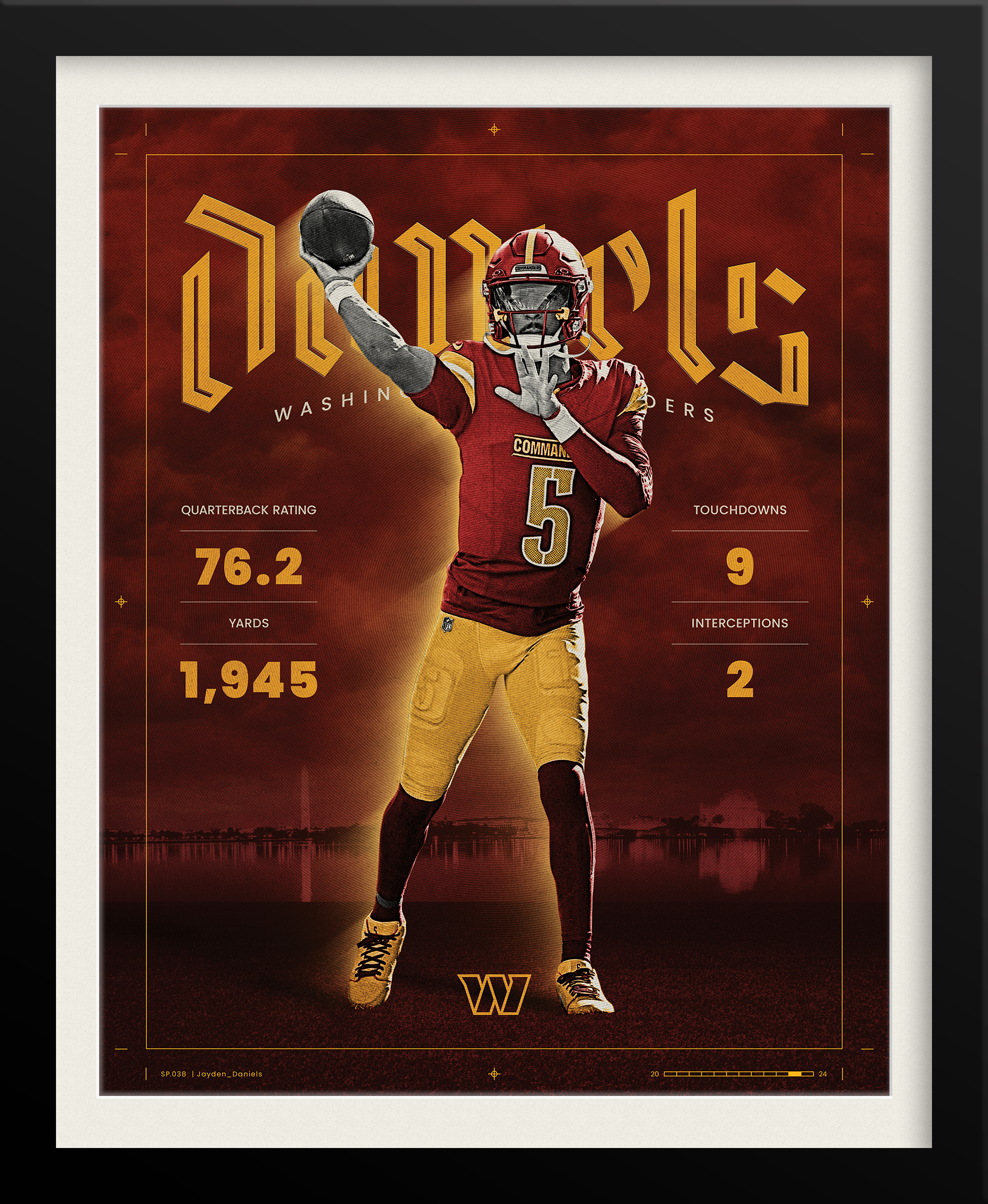 Jayden Daniels NFL Poster — Rich Burgundy Edition, Washington Commanders Sports Branding by Tyler Zent
