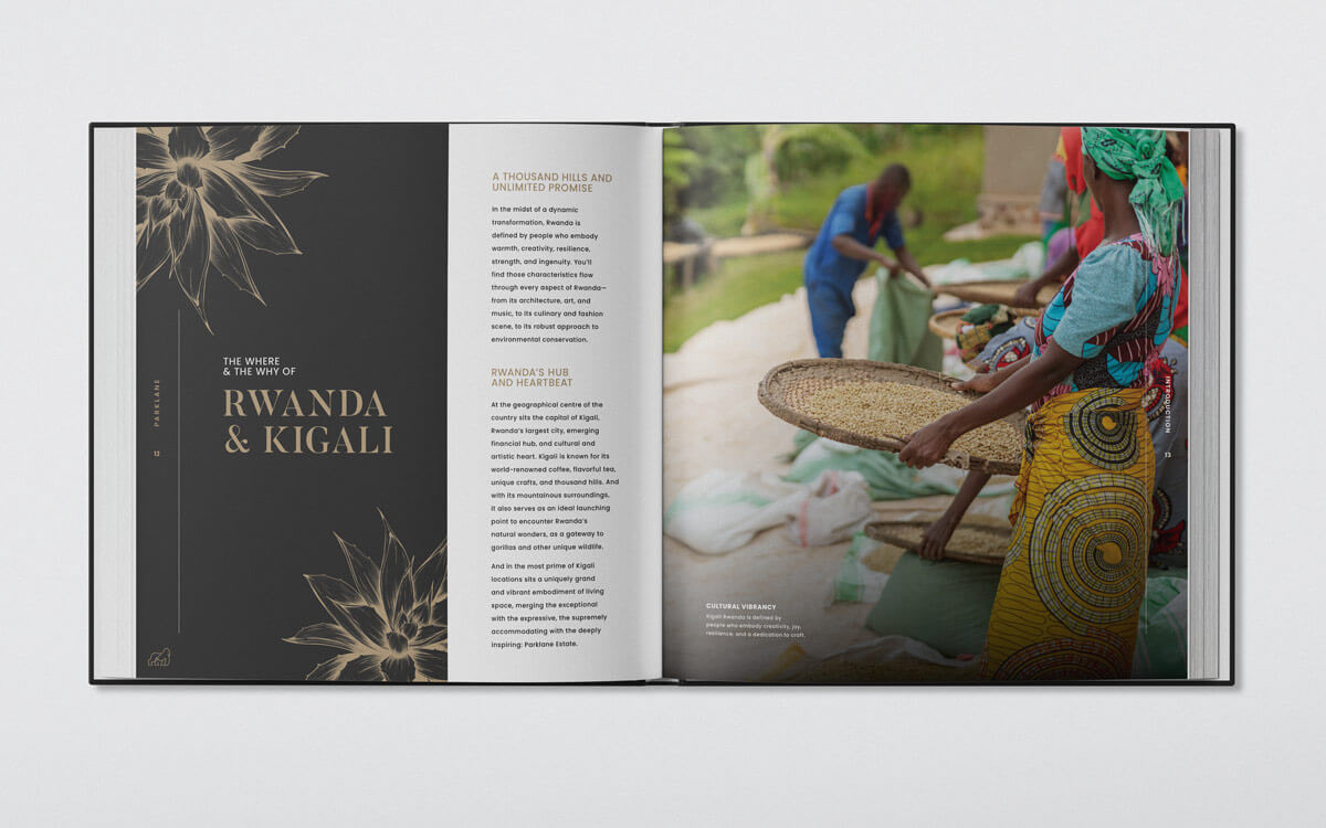 Parklane coffee table book spread highlighting the significance of Rwanda and Kigali in shaping the brand’s mission, featuring contextual content and supporting visuals. Designed by Tyler Zent.