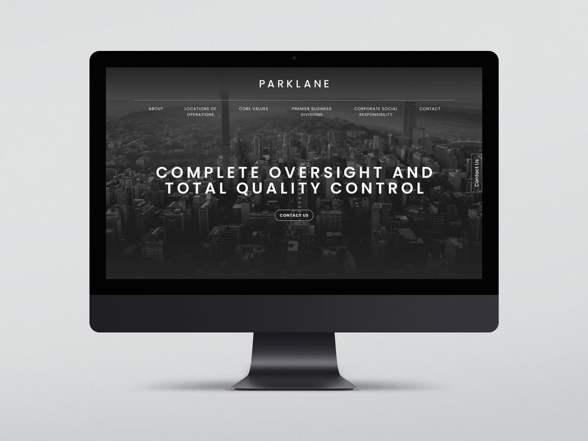 Parklane website homepage mockup displayed on an iMac, featuring a clean, modern design that highlights the brand’s development projects and sophisticated digital presence. Designed by Tyler Zent.
