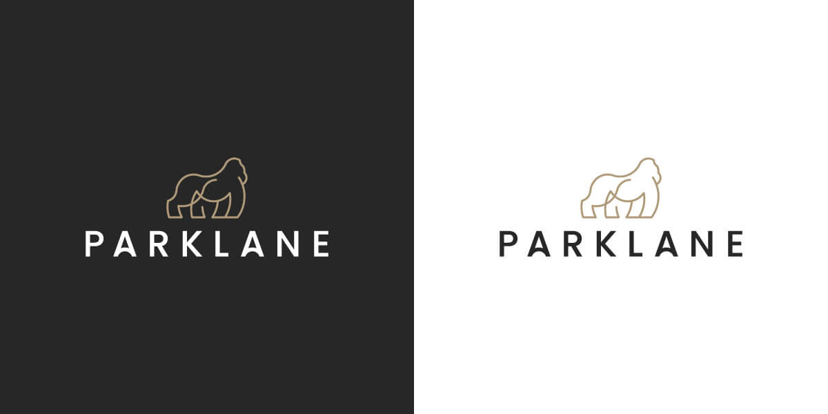 Parklane logo color variations shown on black and white backgrounds, highlighting the flexibility of the brand’s modern wordmark and gorilla mark across light and dark applications. Designed by Tyler Zent.