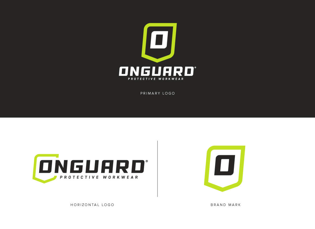 Onguard Protective Workwear logo design system including primary shield logo, horizontal logo, and standalone brand mark created as part of a full brand rebrand.