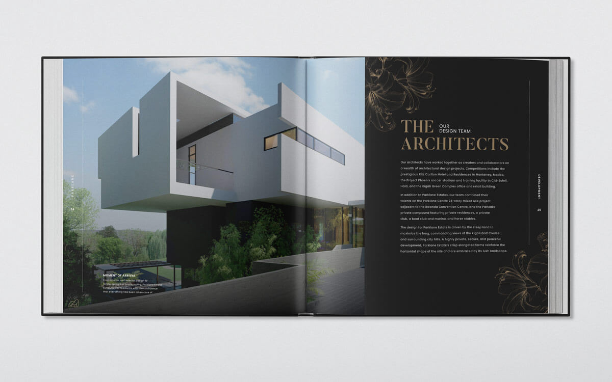 Parklane coffee table book spread featuring a large exterior photograph of a development project alongside detailed information about the architects, presented with a modern and balanced layout. Designed by Tyler Zent.