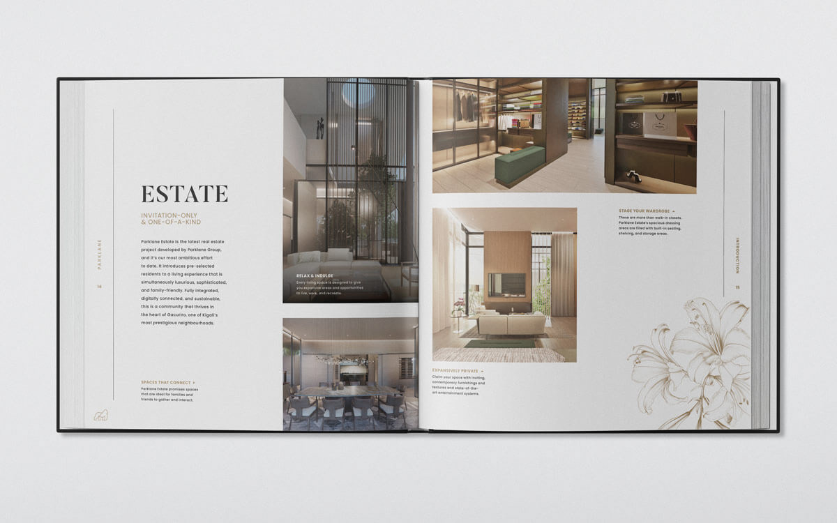 Parklane coffee table book spread showcasing the interior design of a development project, combining high-quality photography with clean layout to emphasize craftsmanship and style. Designed by Tyler Zent.