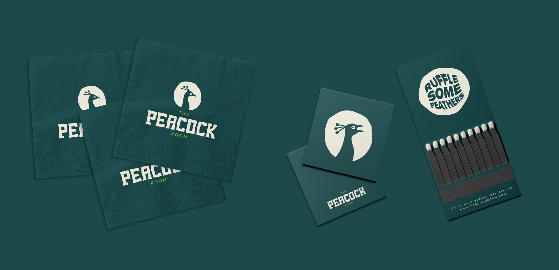 In-house branding collateral for The Peacock Room, including custom matchbooks and beverage napkins, designed by Tyler Zent to enhance the lounge’s bold, maximalist identity.