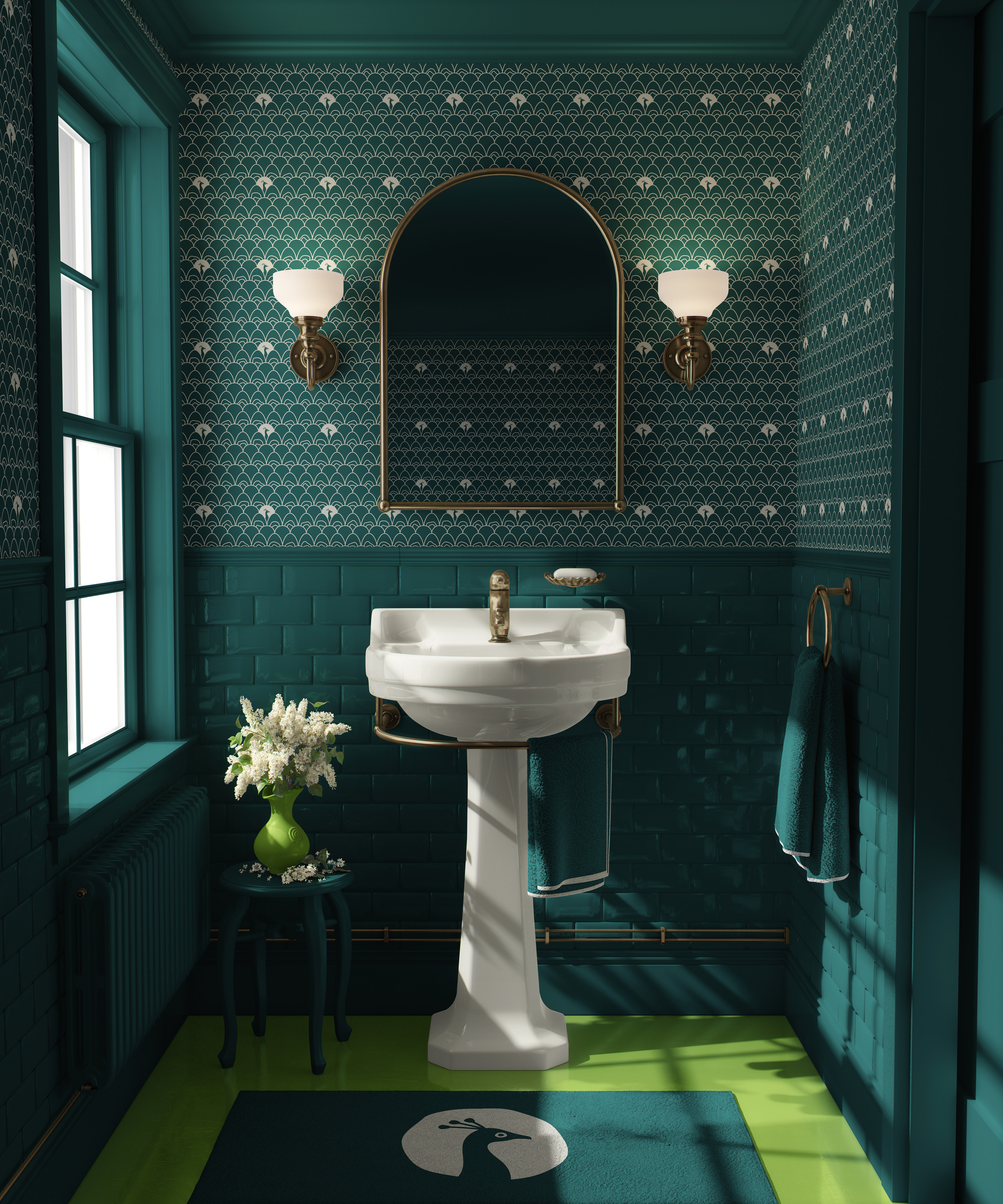 Mockup showing custom wallpaper design applied in The Peacock Room bathroom, highlighting the bold maximalist pattern by Tyler Zent.