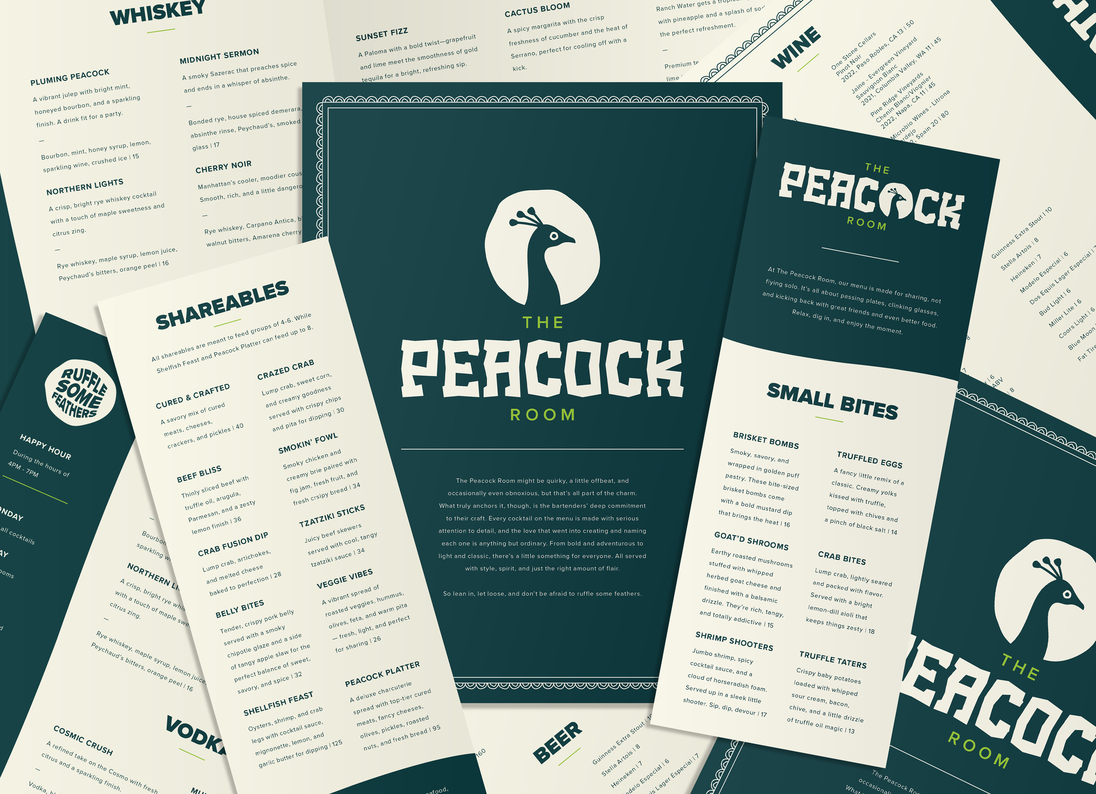 Collage of menu designs for The Peacock Room cocktail lounge, featuring bold typography, rich jewel tones, and maximalist style, designed by Tyler Zent.