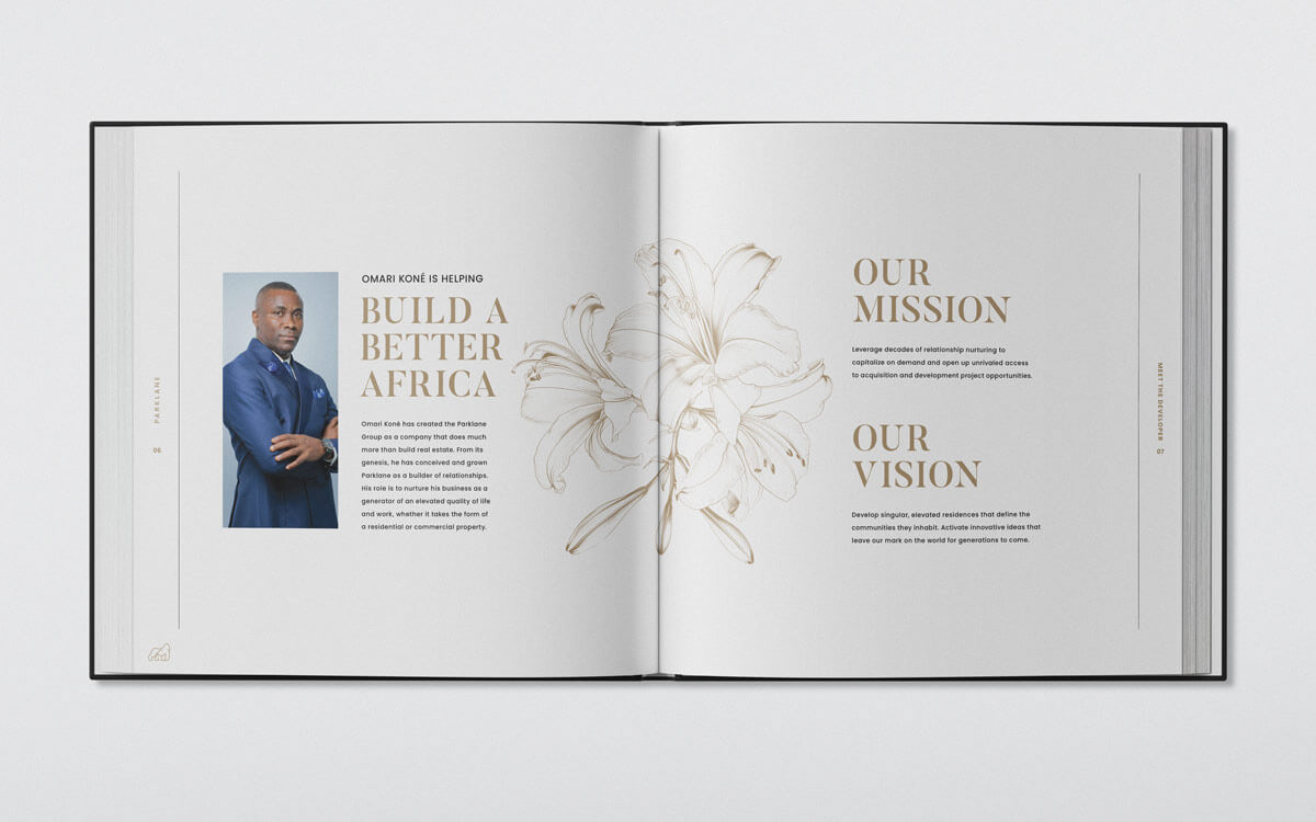 Parklane coffee table book spread outlining the developer’s background along with the brand’s mission and vision, presented with clean typography and a structured layout. Designed by Tyler Zent.