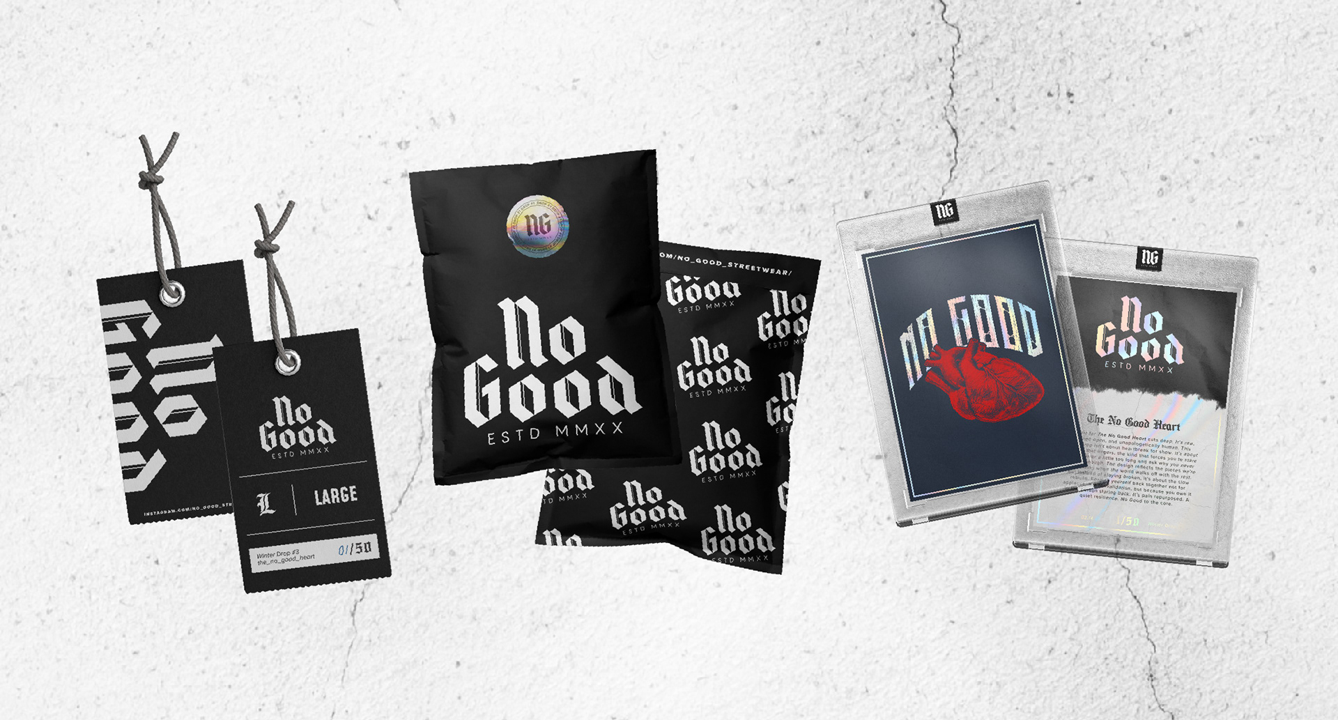 Packaging materials for No Good apparel including hang tags and collectible artist cards, designed by Tyler Zent to reflect the brand’s gritty, edgy identity.