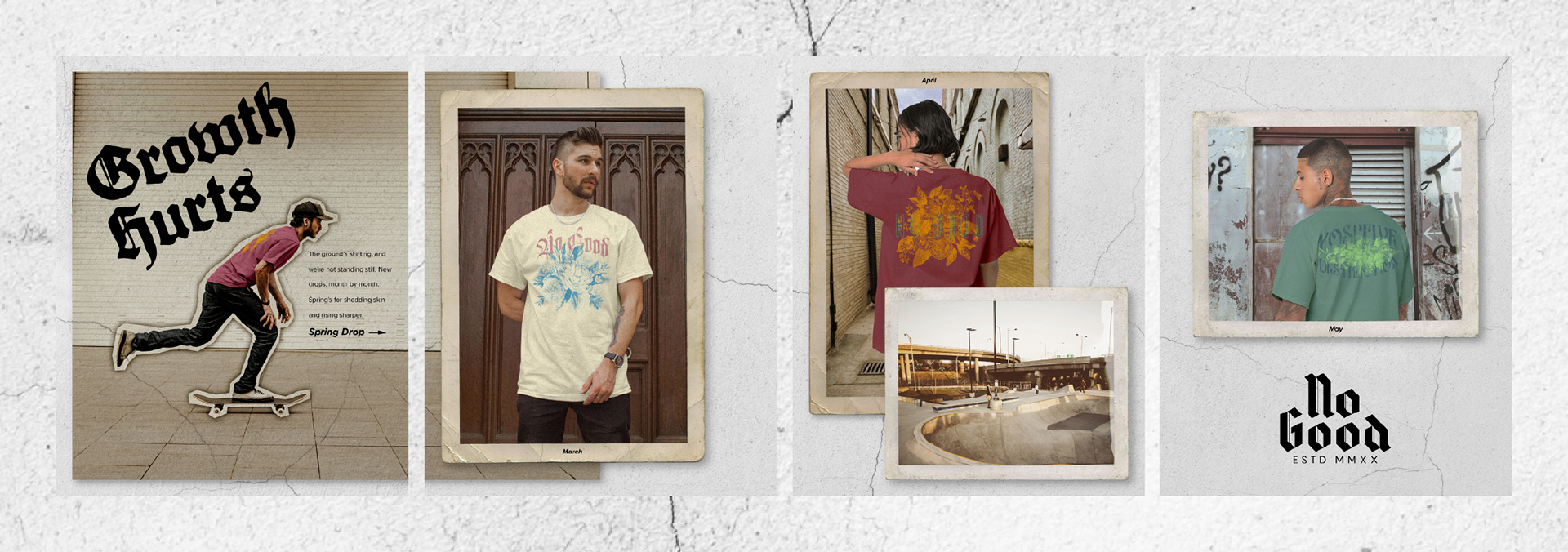 Models wearing No Good streetwear apparel in dynamic skateboarding environments, showcasing gritty, edgy designs by Tyler Zent.