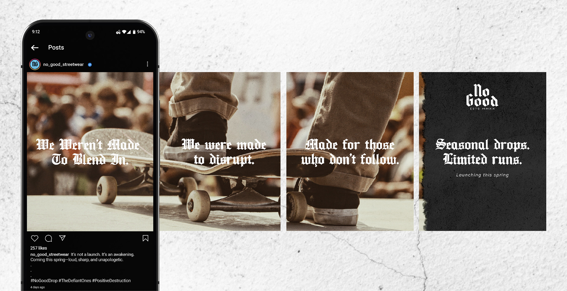 Social media post mockup displayed on a mobile phone, showcasing No Good’s bold branding and edgy visual style designed by Tyler Zent.