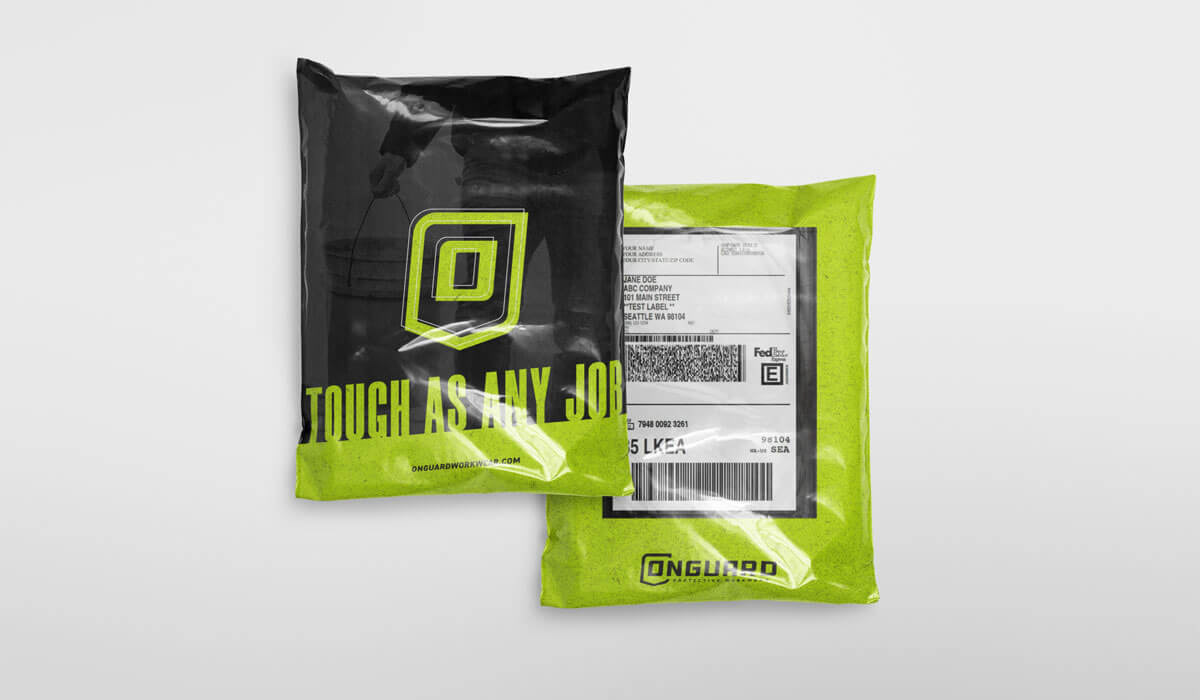 Onguard Protective Workwear branded poly mailer packaging designed to match the brand identity and used for shipping workwear products.